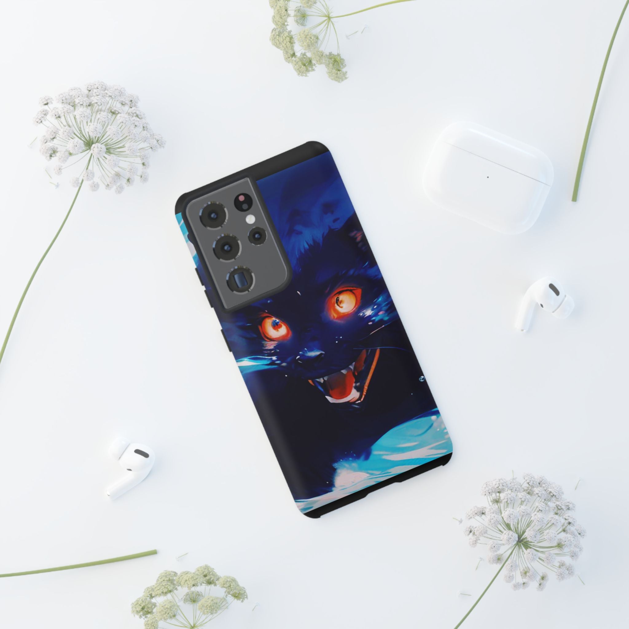 Demon Cat Phone Case — Glowing Blue Feline Tough Case