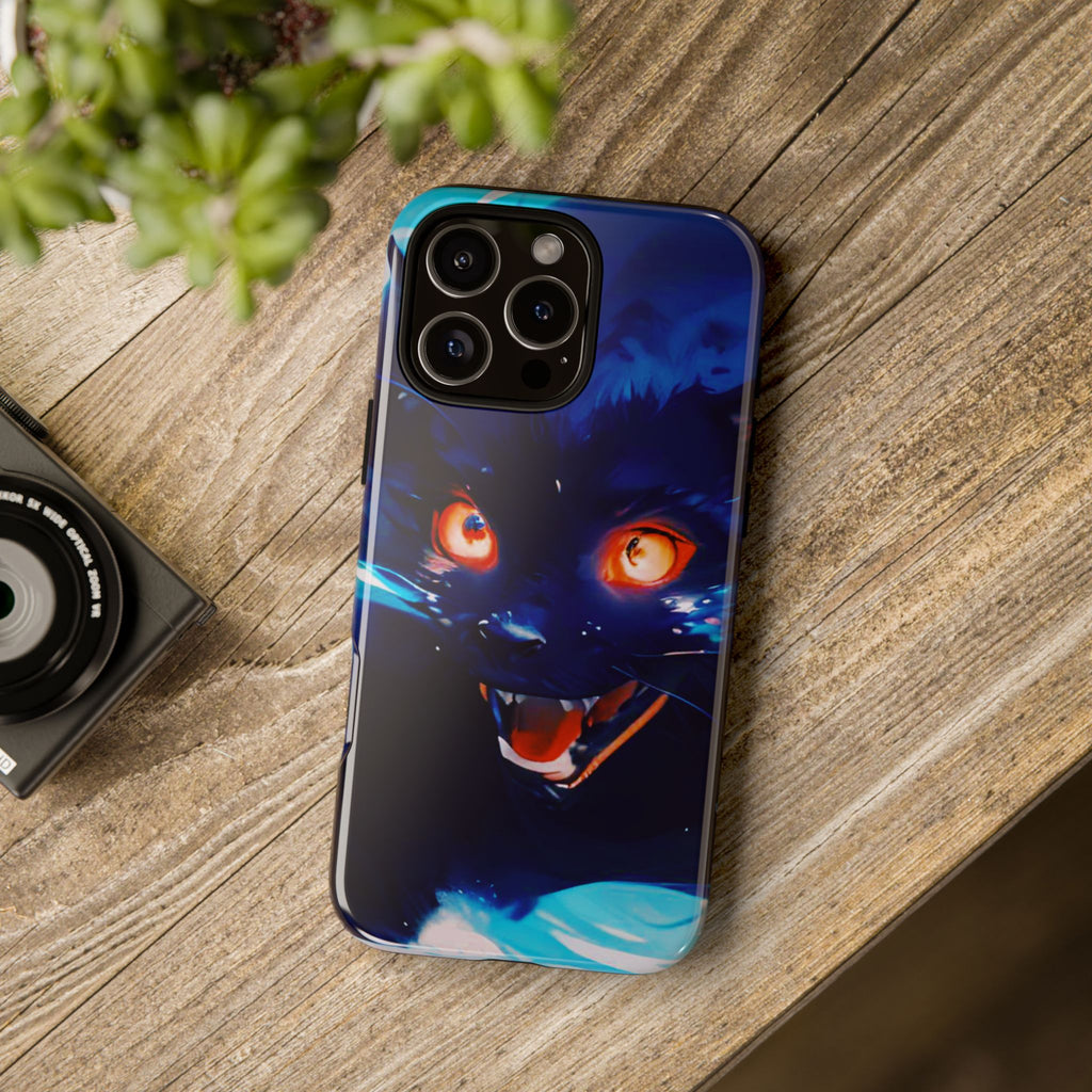 Demon Cat Phone Case — Glowing Blue Feline Tough Case