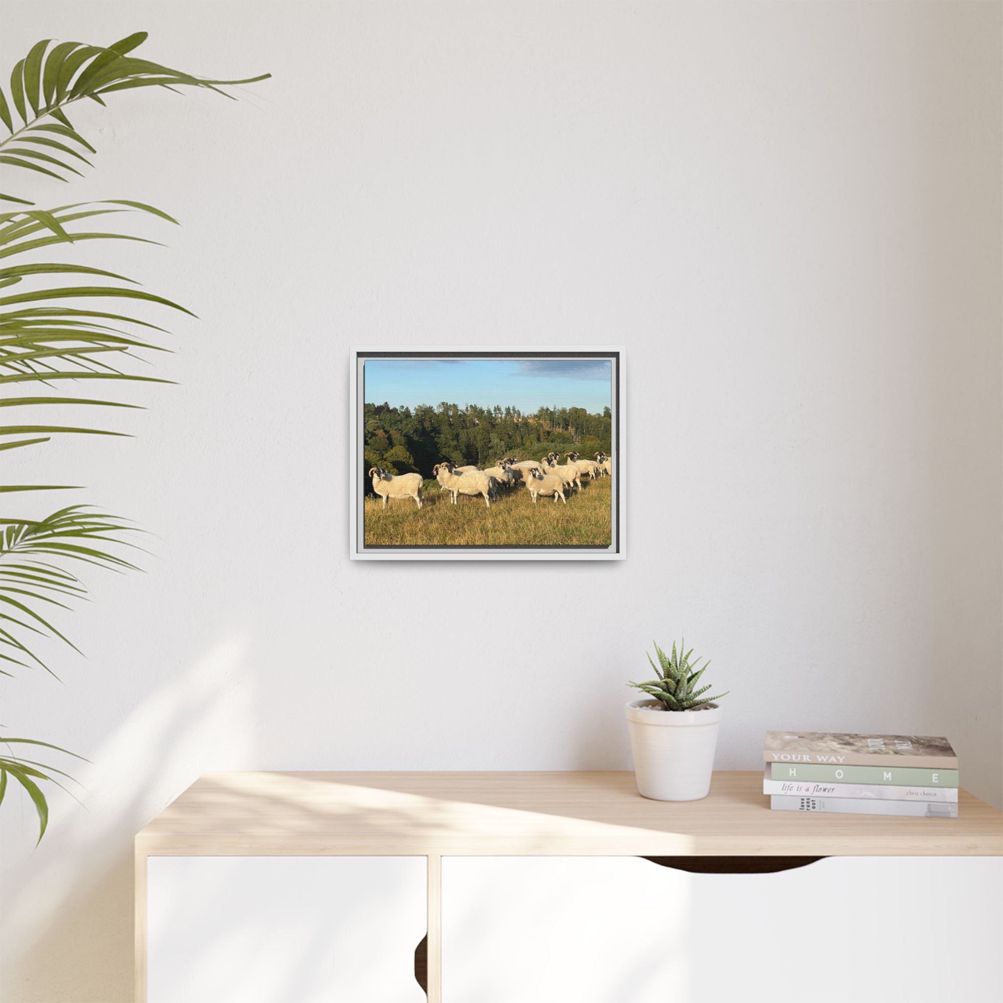 Framed Matte Canvas Print — Pastoral Sheep Landscape Wall Art