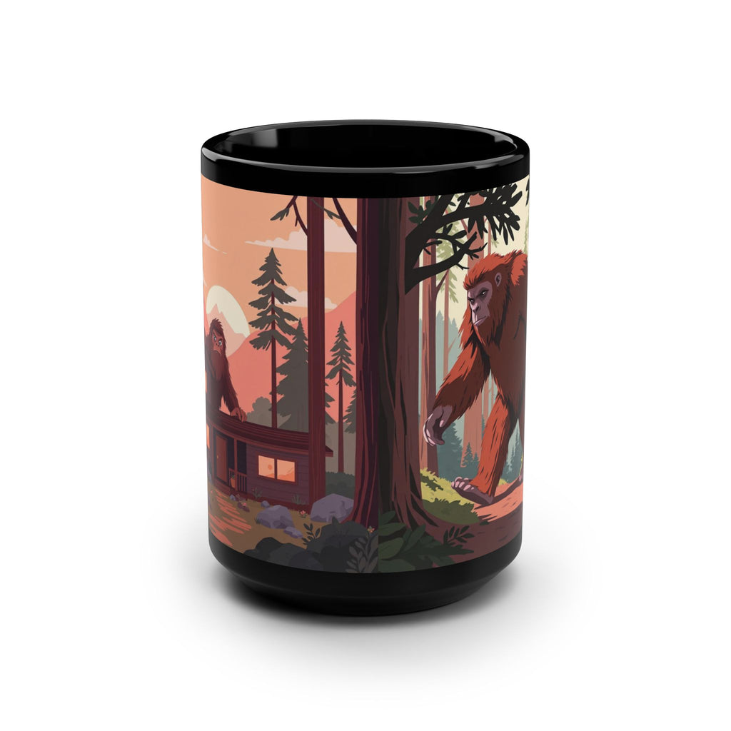 Bigfoot Forest Mug — 15oz Black Coffee Cup with Sasquatch Woodland Illustration