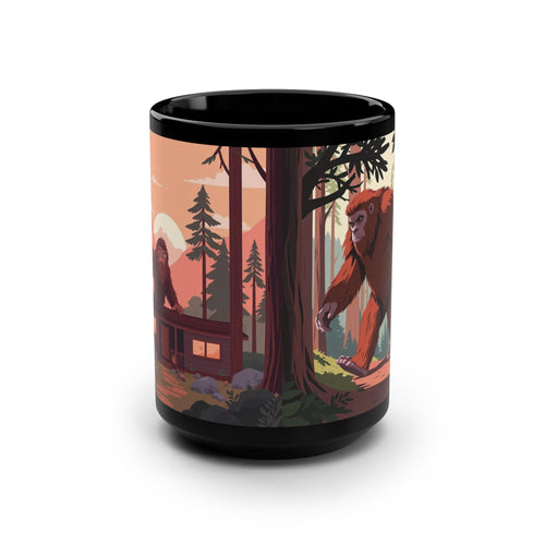 Bigfoot Forest Mug — 15oz Black Coffee Cup with Sasquatch Woodland Illustration