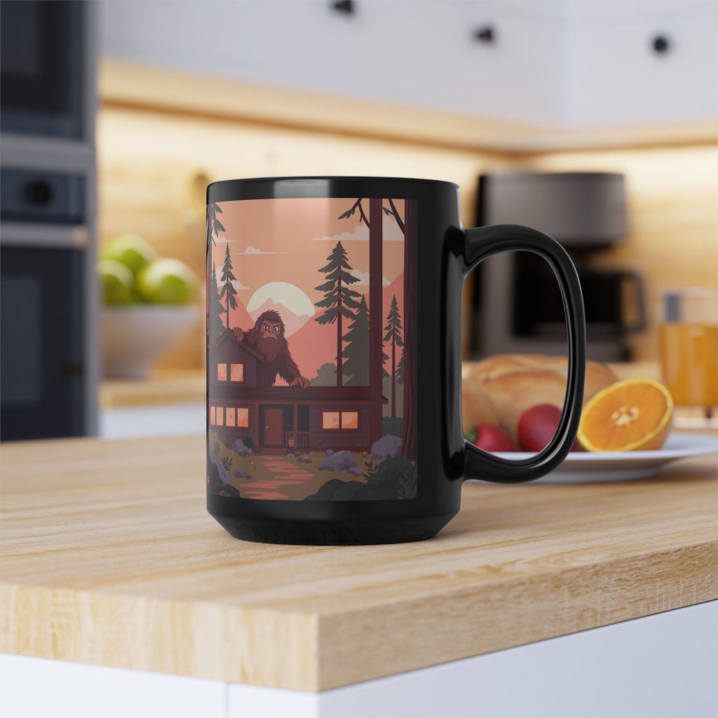 Cabin Forest Mug — Rustic Bigfoot Sunset 15oz Black Coffee Cup