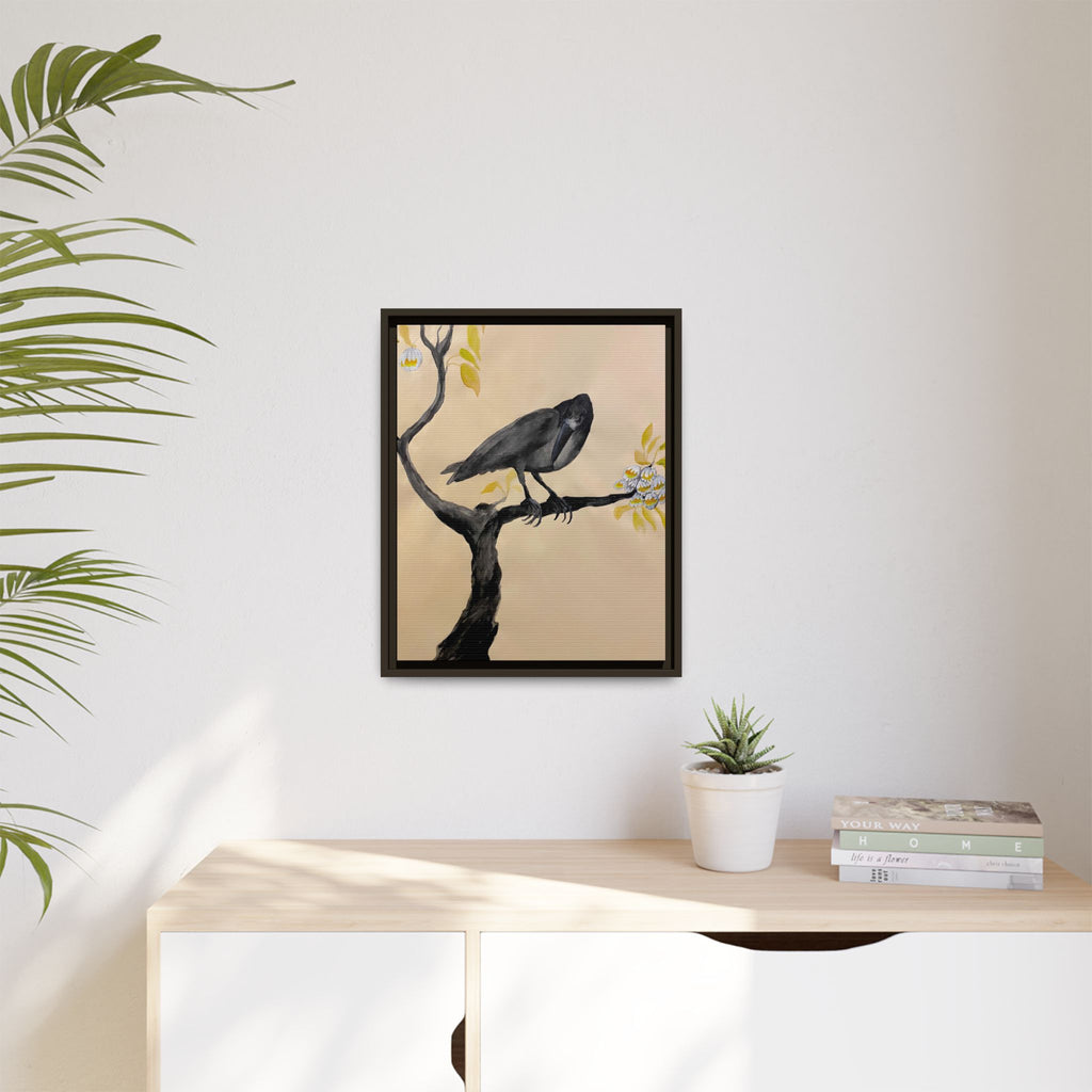 Raven on Branch Matte Framed Canvas – Moody Bird Wall Art