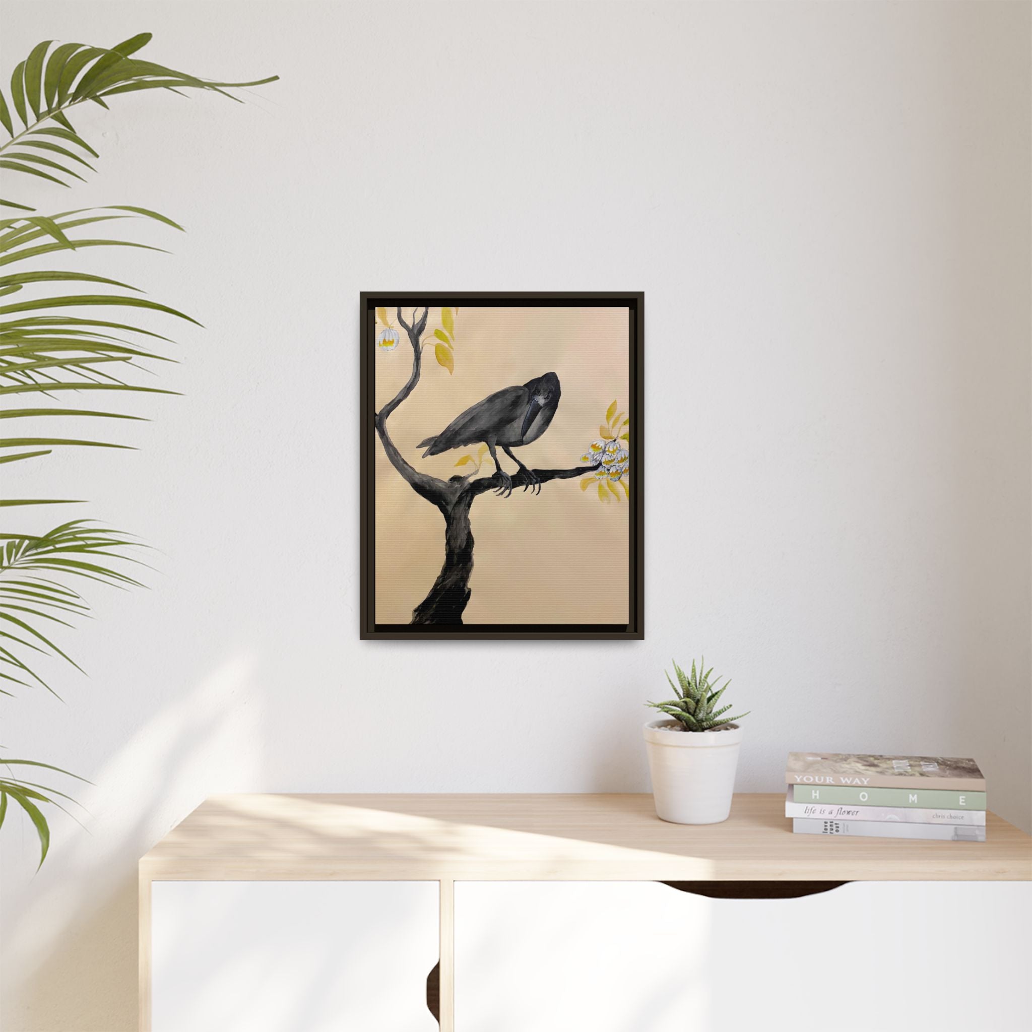 Raven on Branch Matte Framed Canvas – Moody Bird Wall Art