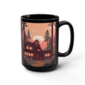 Cabin Forest Mug — Rustic Bigfoot Sunset 15oz Black Coffee Cup