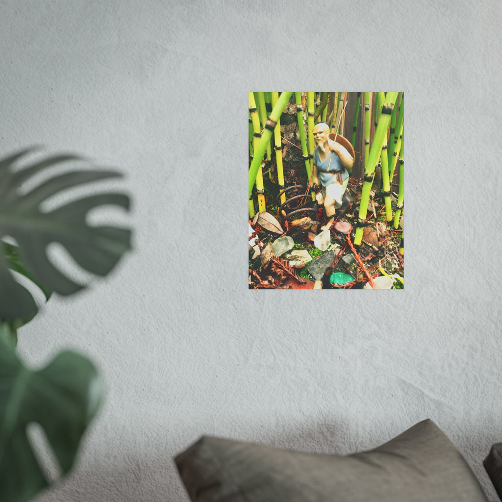 Garden Vignette Poster — Vintage Figurine Among Bamboo Satin/Matte Print