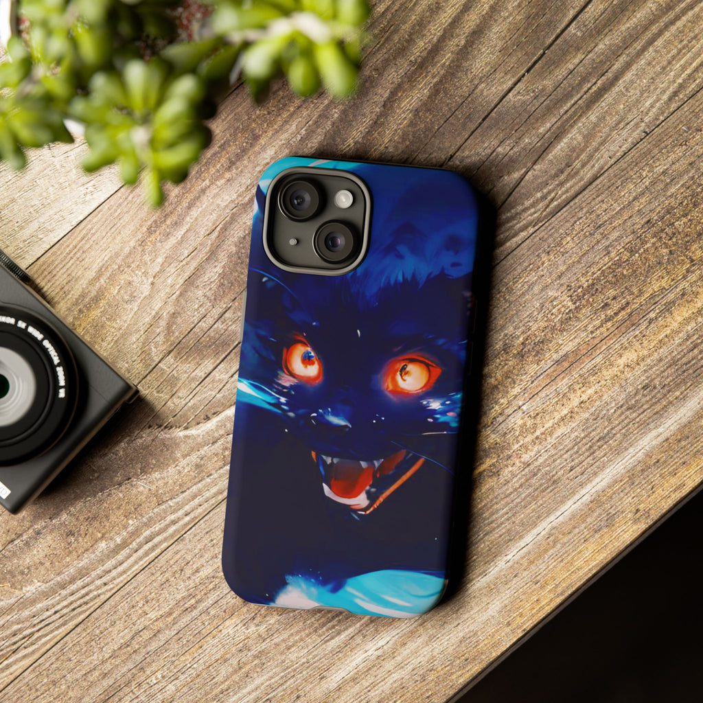 Demon Cat Phone Case — Glowing Blue Feline Tough Case