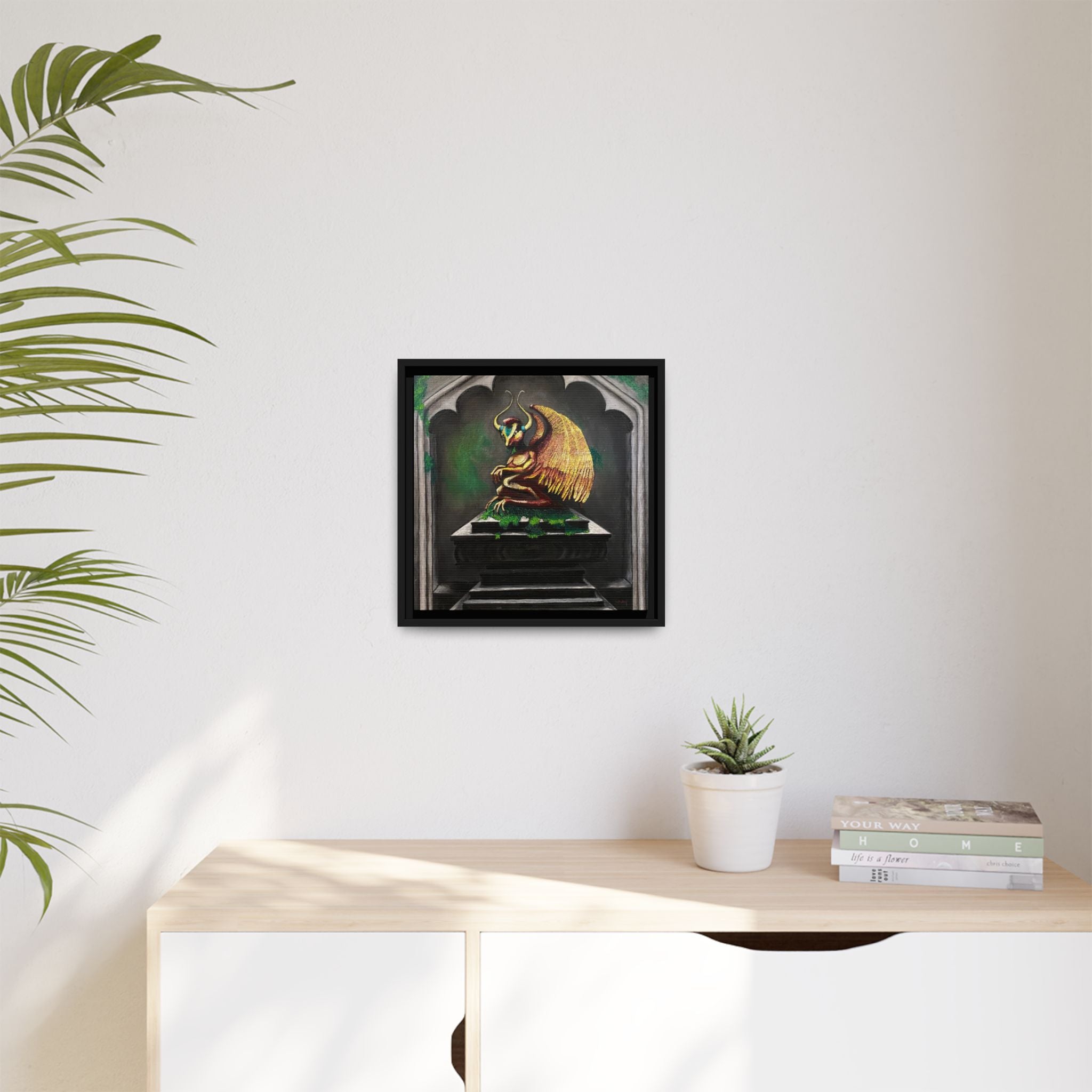 Framed Matte Canvas - Golden Gothic Gargoyle Wall Art