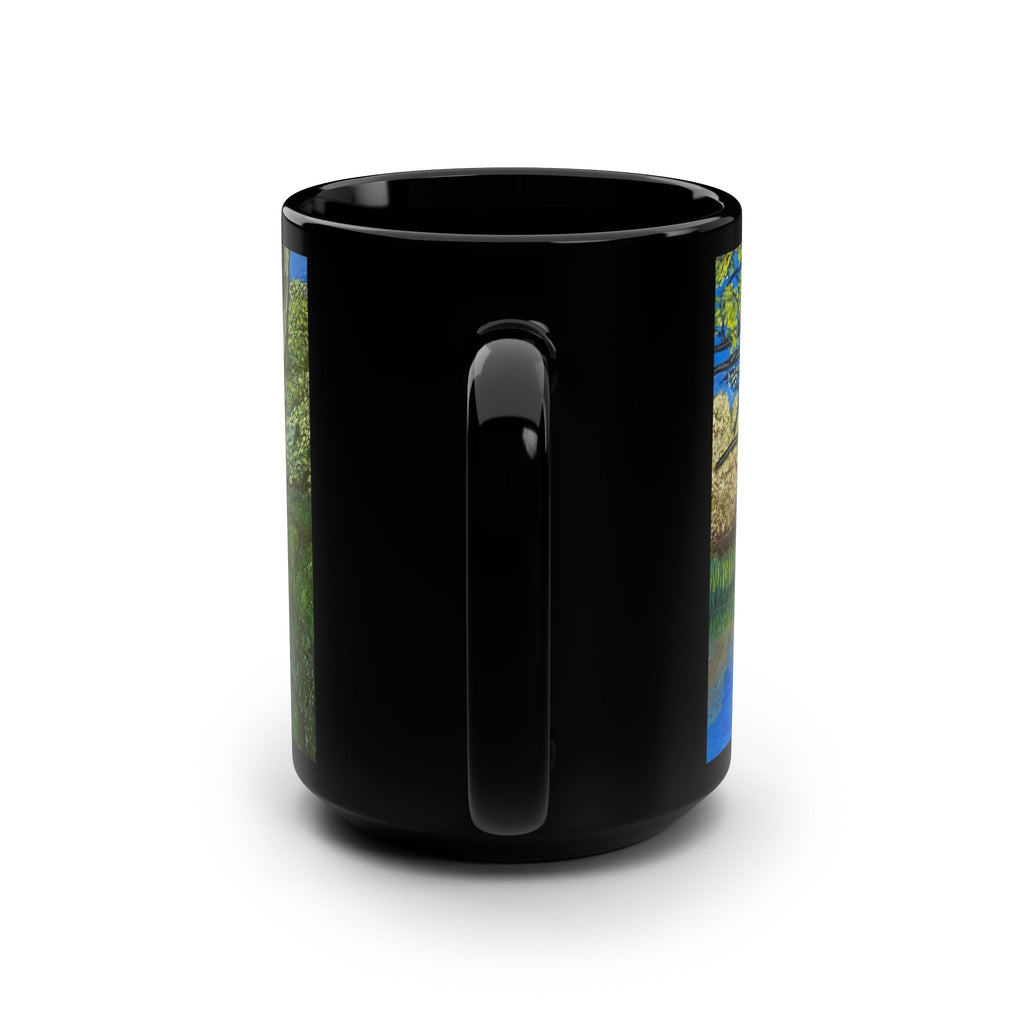 15oz Black Mug — Serene Riverside Tree Art Coffee Mug