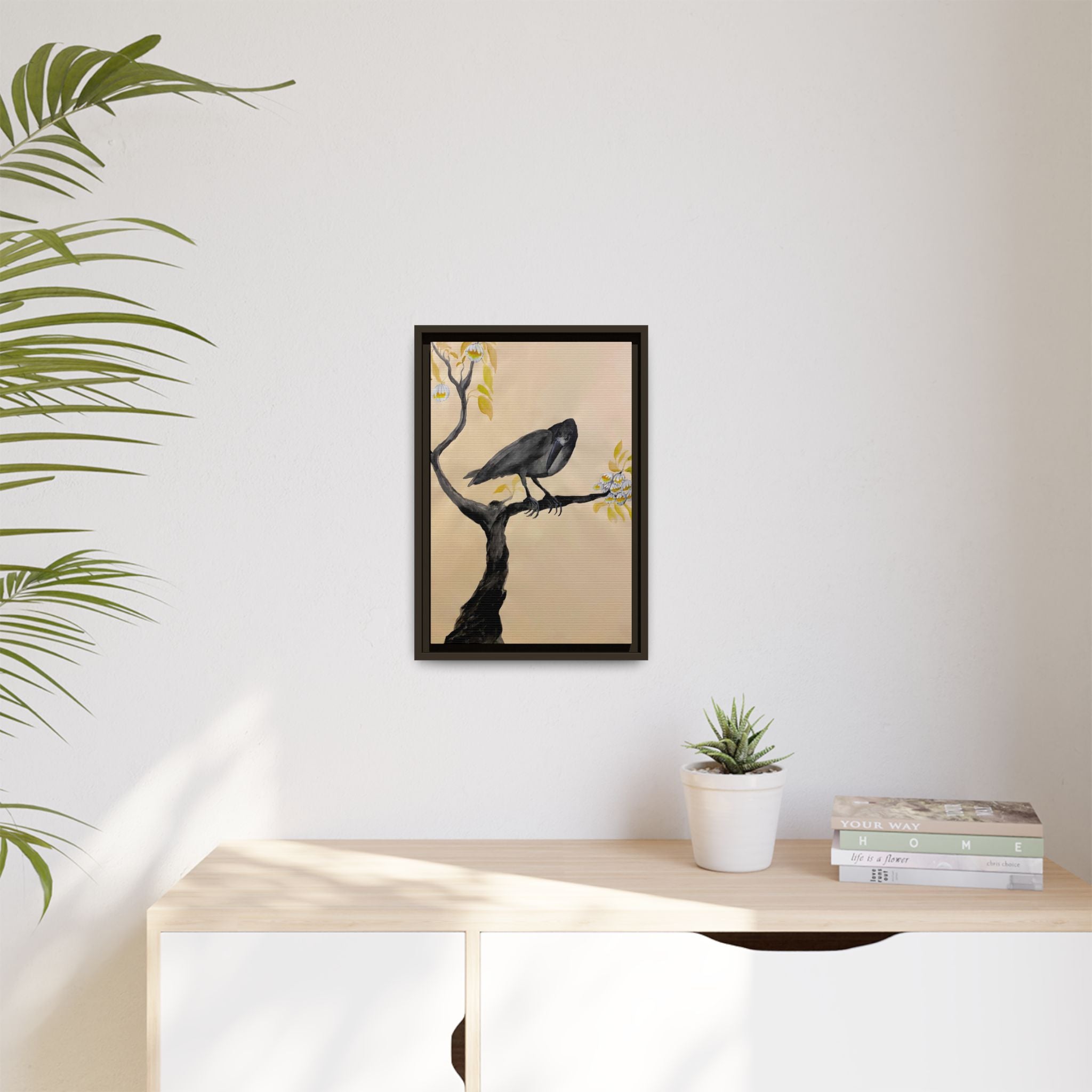 Raven on Branch Matte Framed Canvas – Moody Bird Wall Art