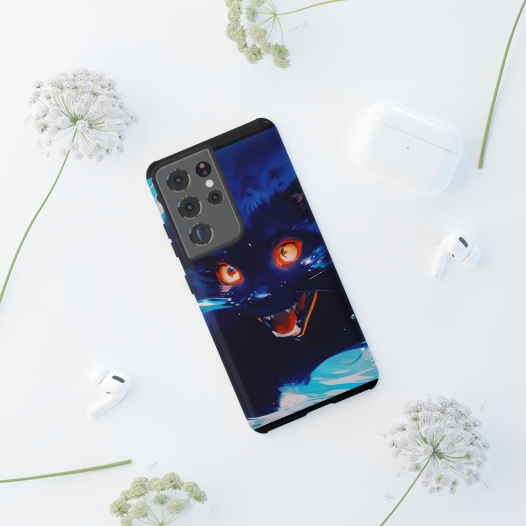Demon Cat Phone Case — Glowing Blue Feline Tough Case