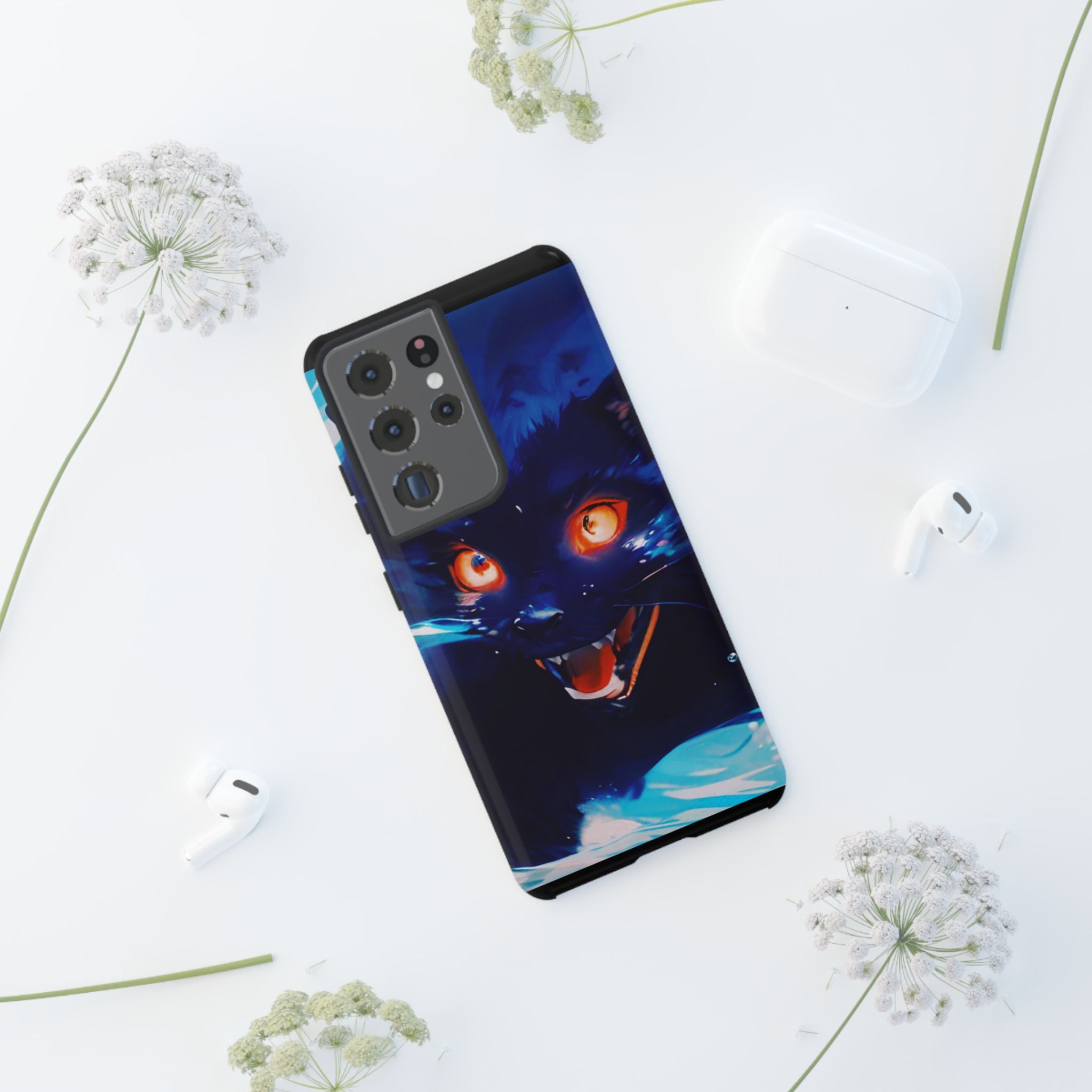 Demon Cat Phone Case — Glowing Blue Feline Tough Case