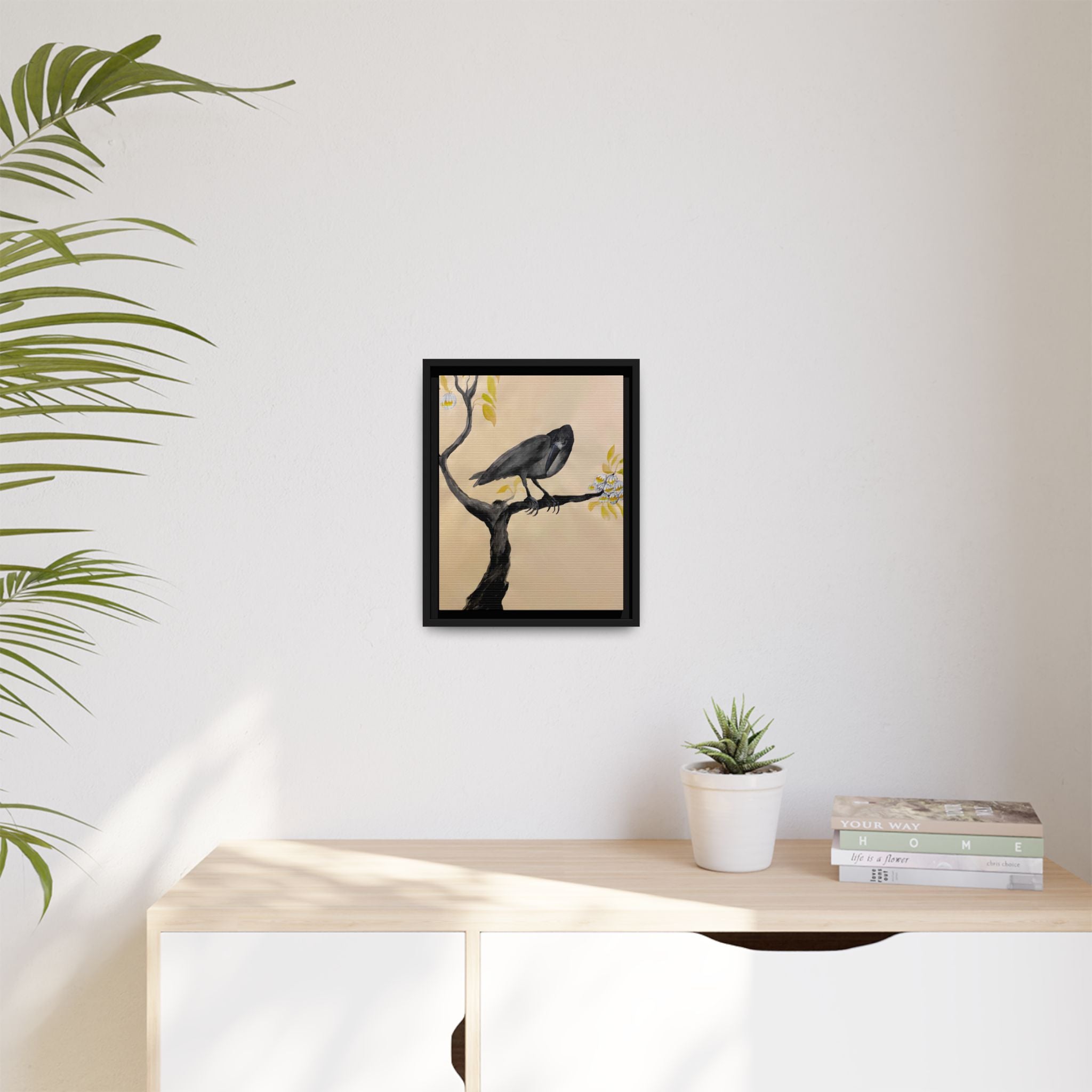 Raven on Branch Matte Framed Canvas – Moody Bird Wall Art