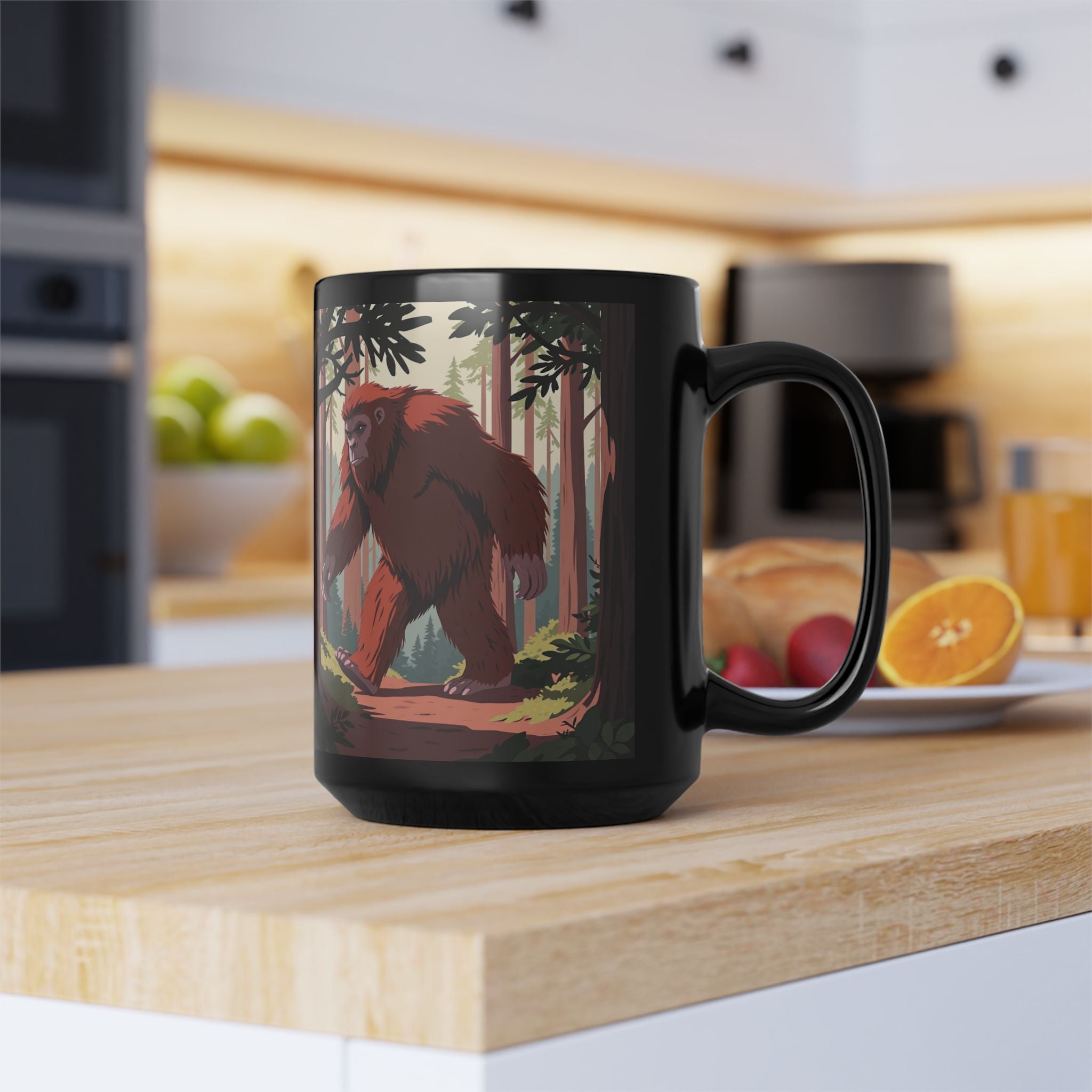Bigfoot Forest Mug — 15oz Black Coffee Cup with Sasquatch Woodland Illustration