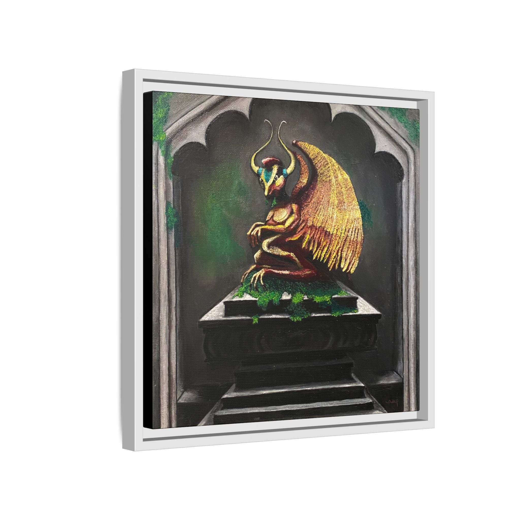 Framed Matte Canvas - Golden Gothic Gargoyle Wall Art