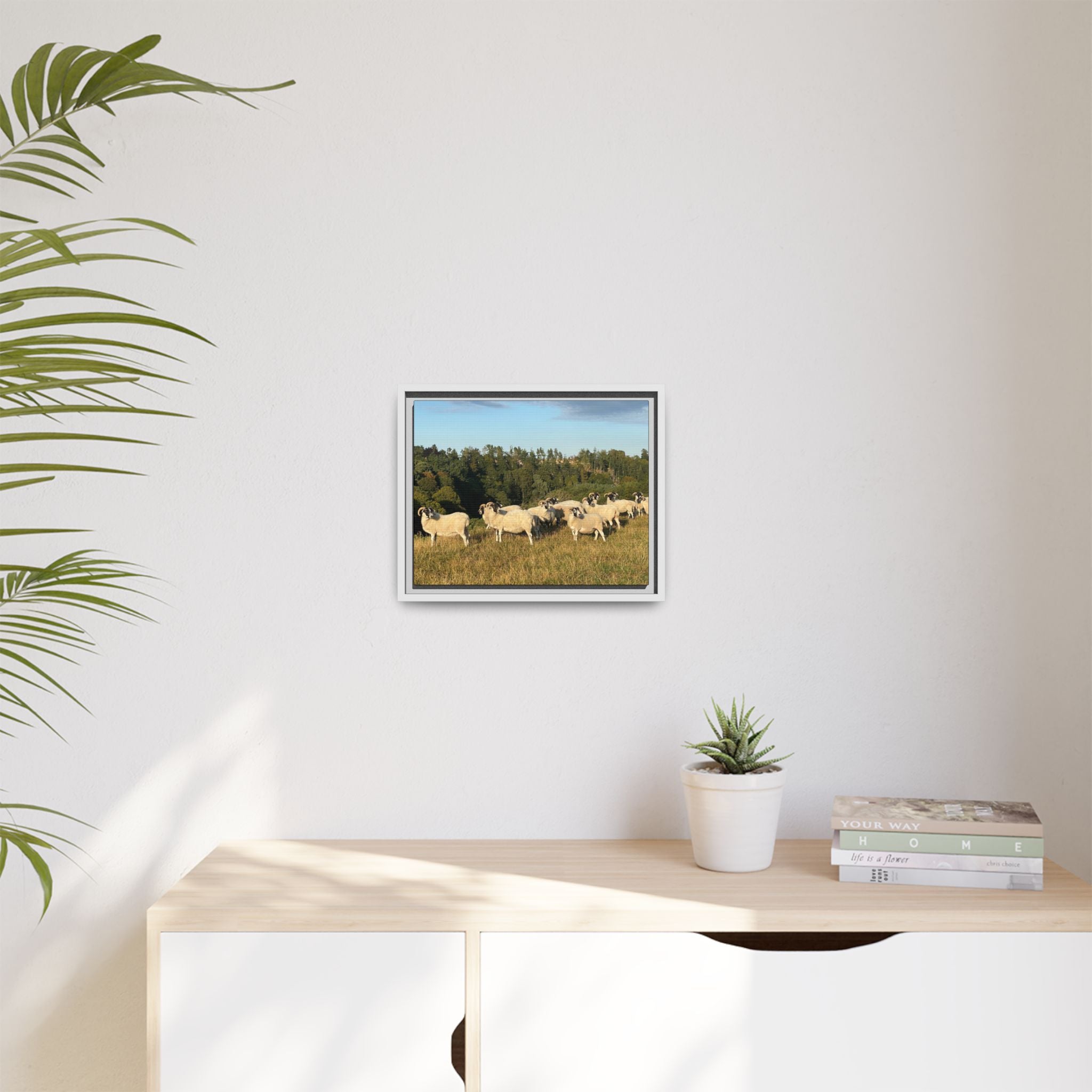 Framed Matte Canvas Print — Pastoral Sheep Landscape Wall Art