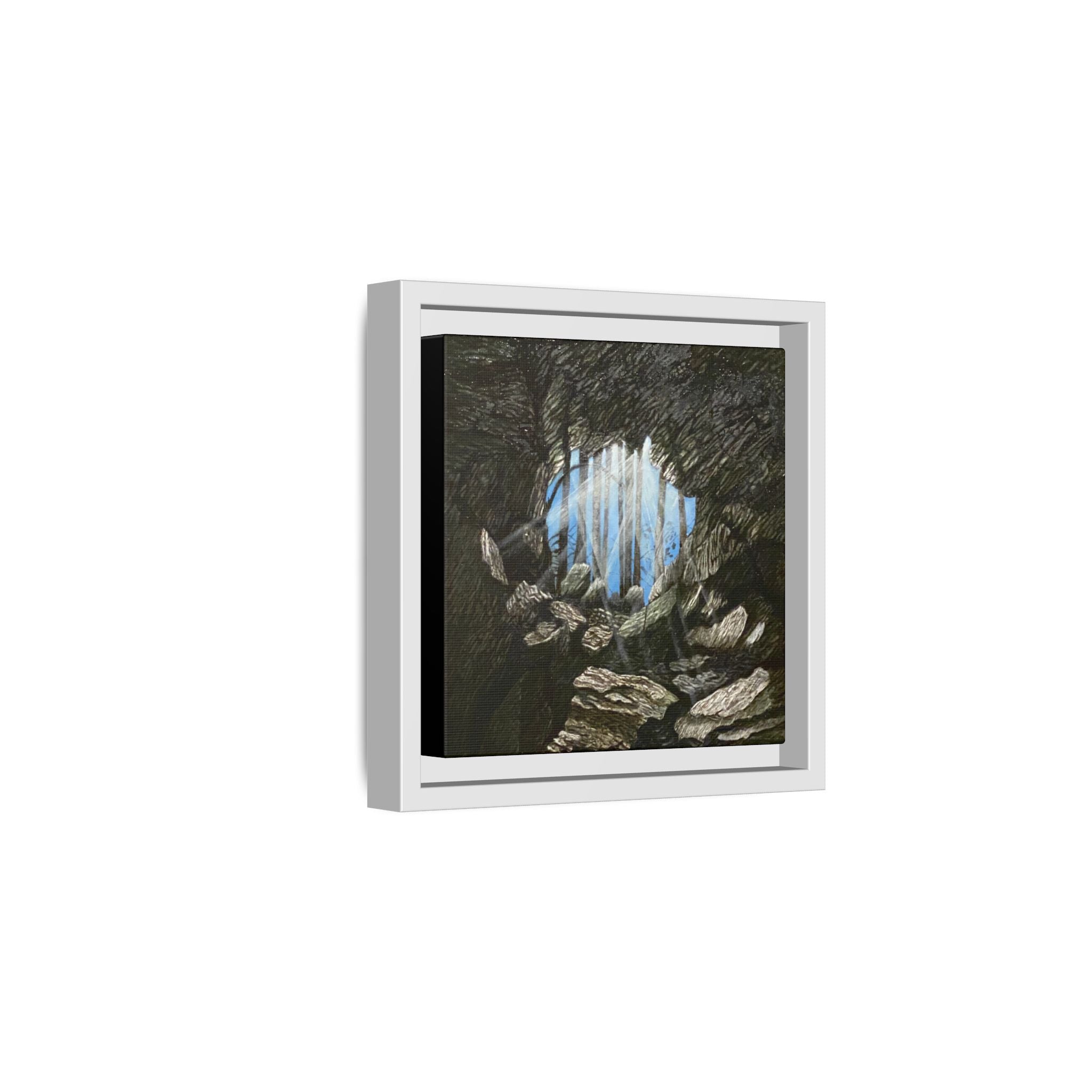 Framed Matte Canvas Art — Cave Opening with Blue Sky Landscape