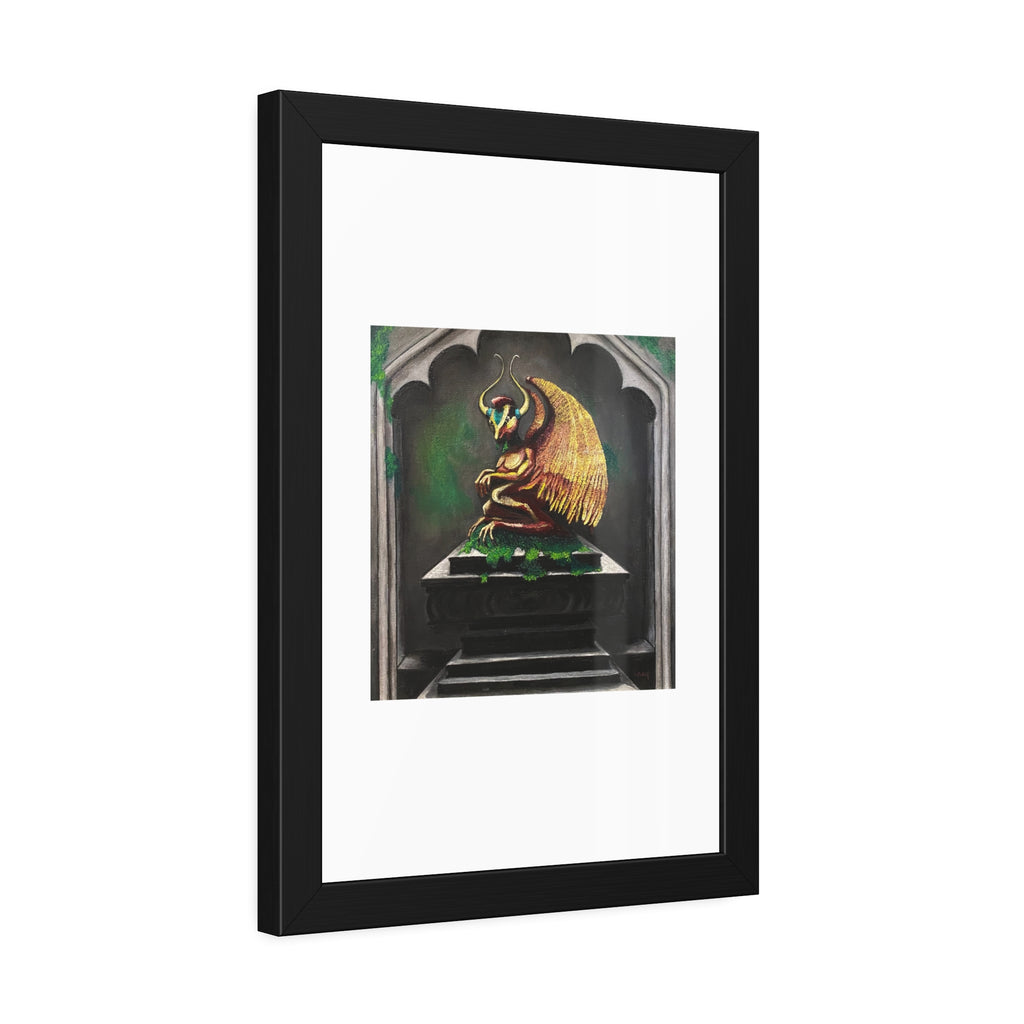 Golden Gargoyle Framed Art Print — Gothic Fantasy Paper Poster