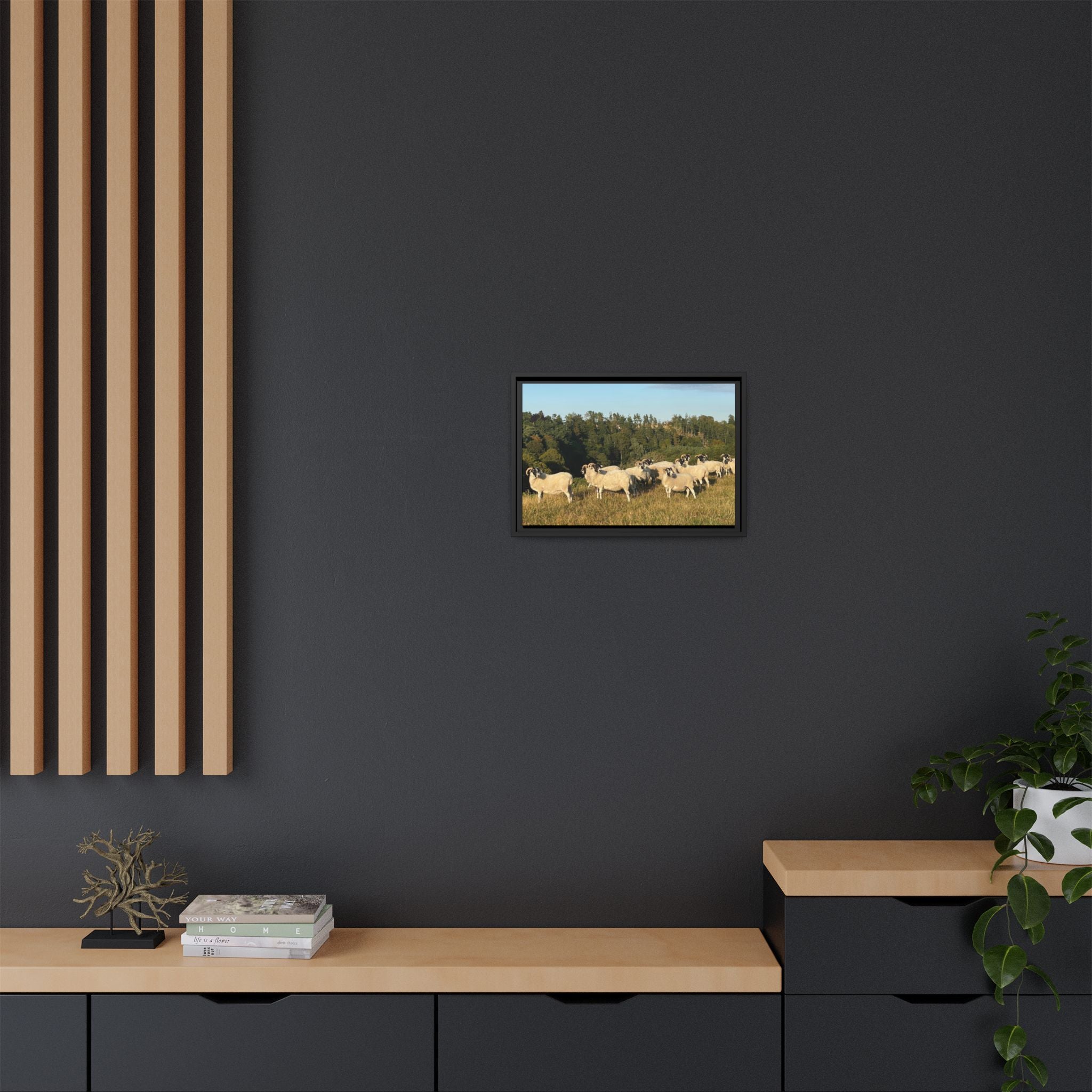 Framed Matte Canvas Print — Pastoral Sheep Landscape Wall Art