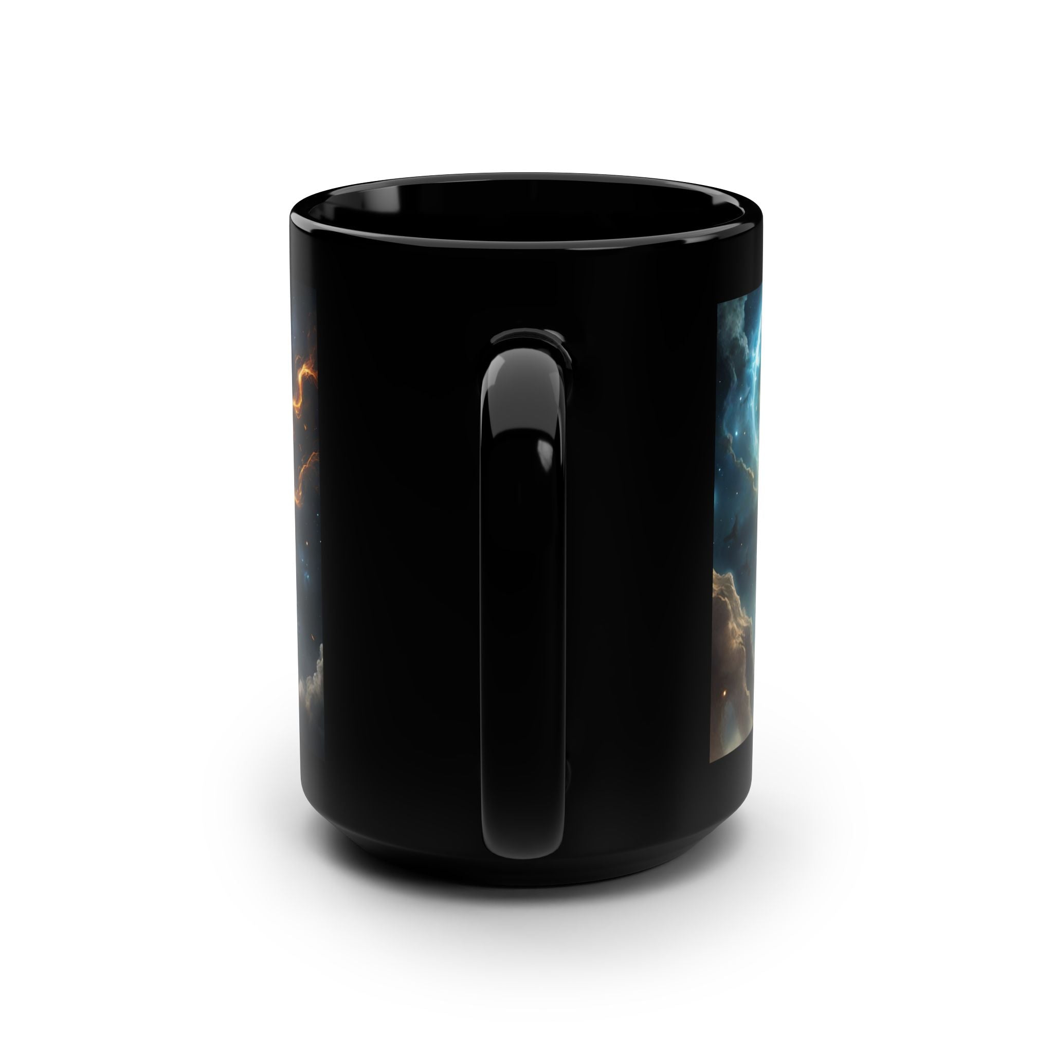Galactic Ascendant 15oz Black Coffee Mug — Connecting to Source - Cosmic Human Figure Nebula Art