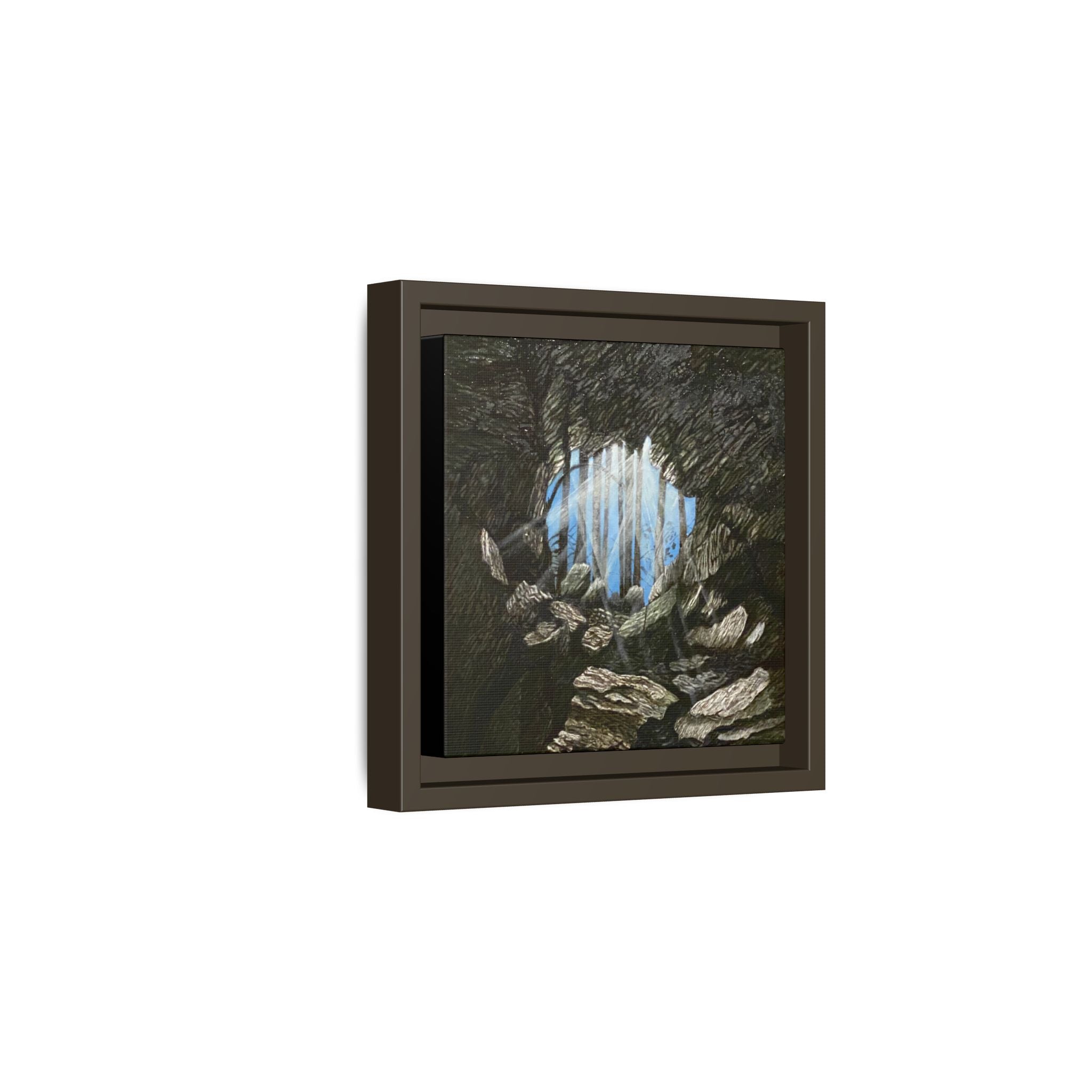 Framed Matte Canvas Art — Cave Opening with Blue Sky Landscape