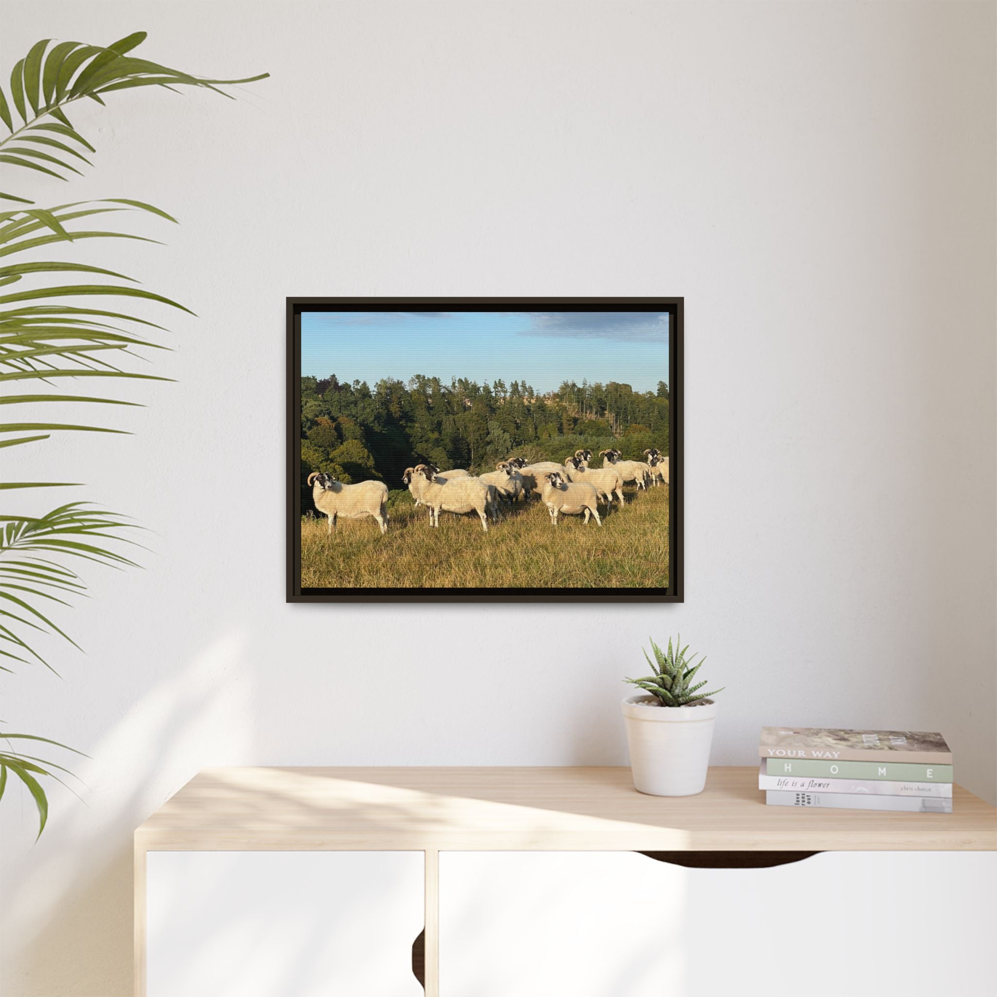 Framed Matte Canvas Print — Pastoral Sheep Landscape Wall Art