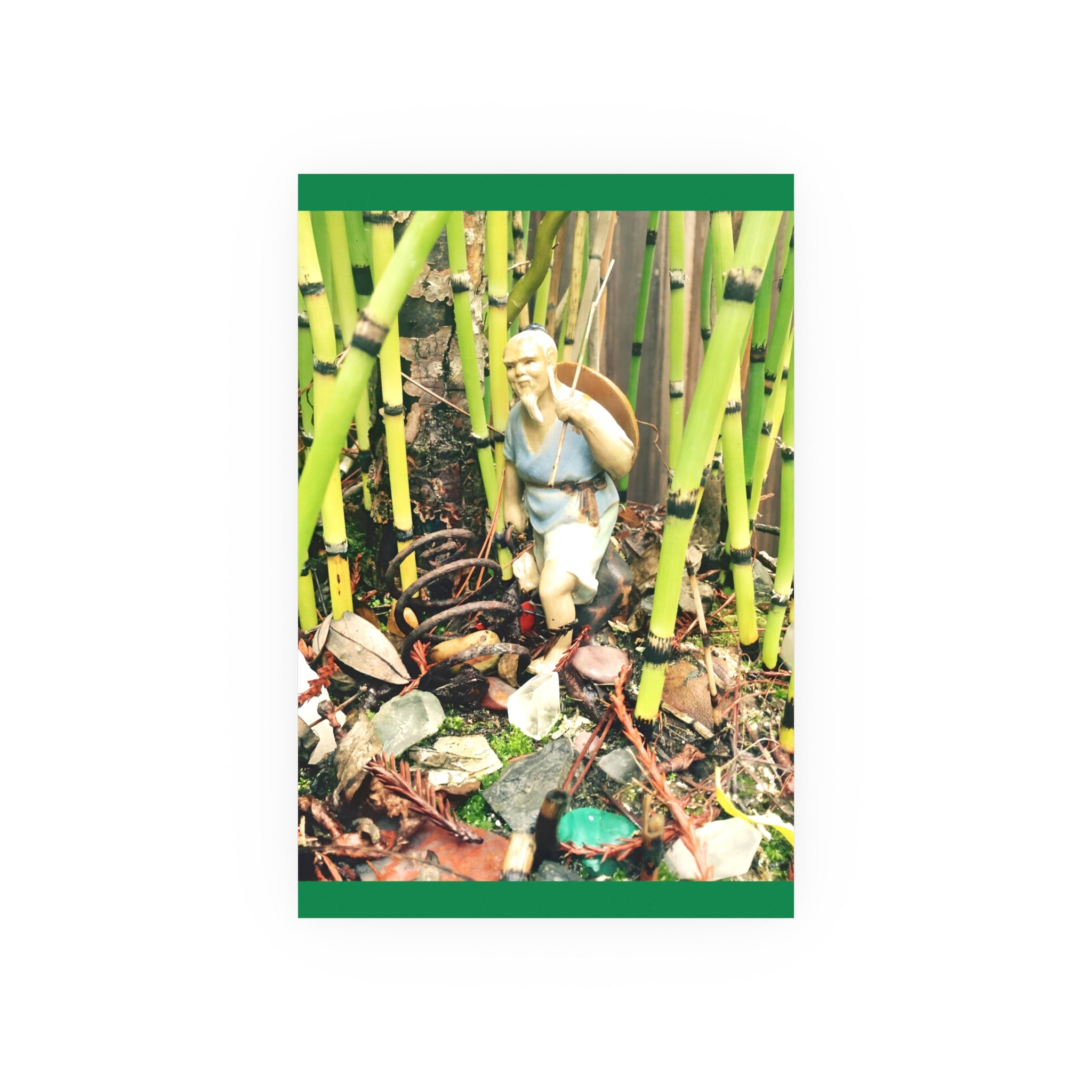 Garden Vignette Poster — Vintage Figurine Among Bamboo Satin/Matte Print