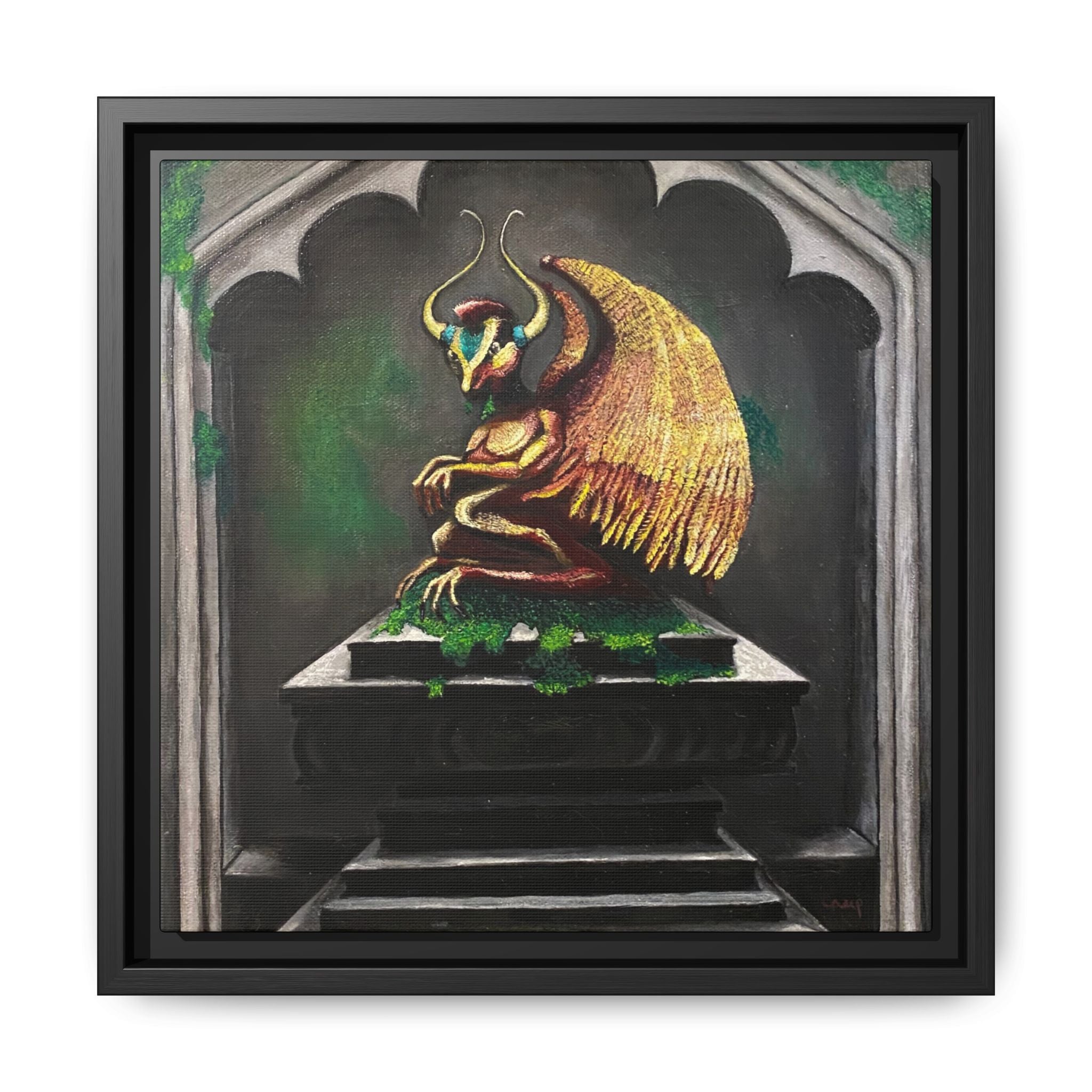 Framed Matte Canvas - Golden Gothic Gargoyle Wall Art