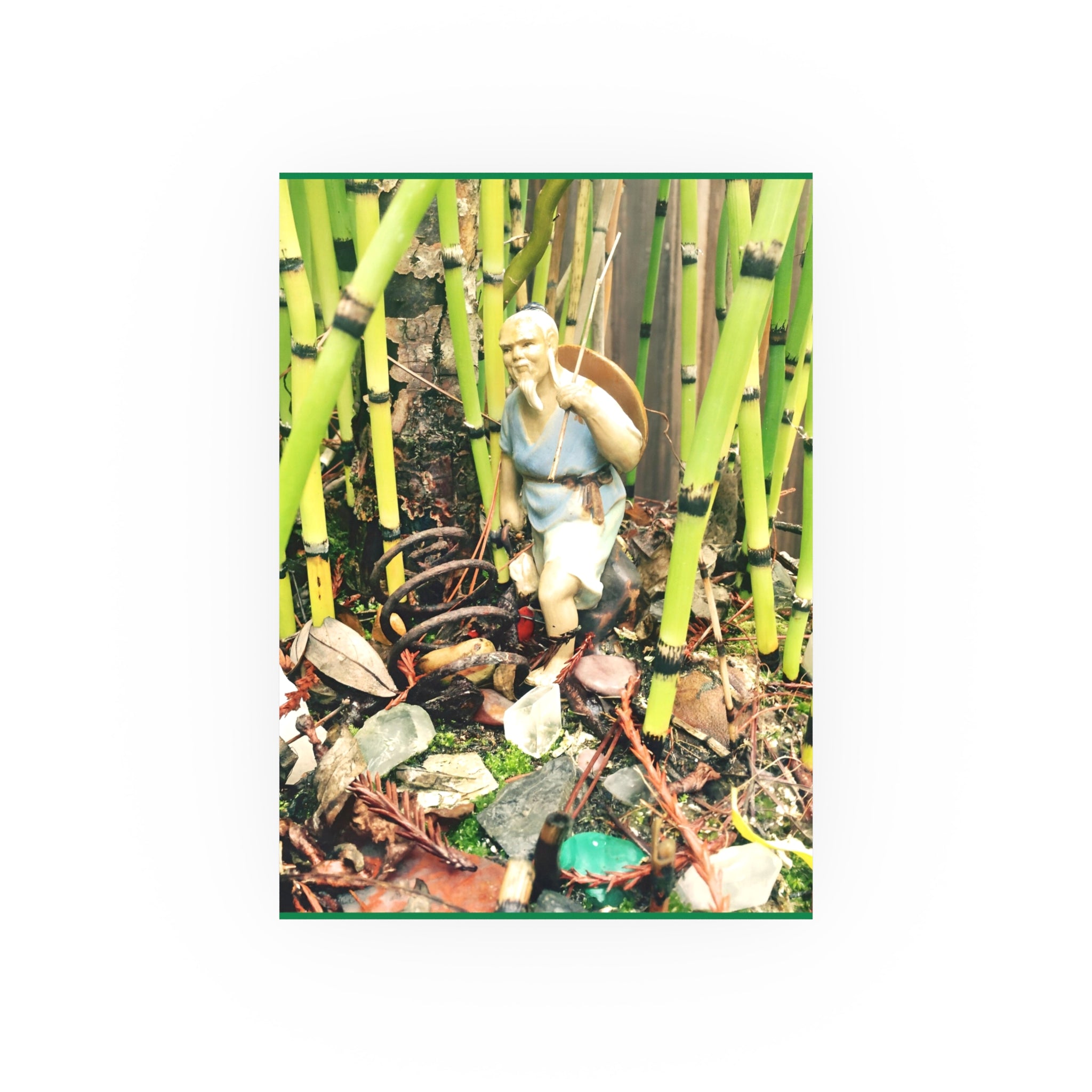 Garden Vignette Poster — Vintage Figurine Among Bamboo Satin/Matte Print