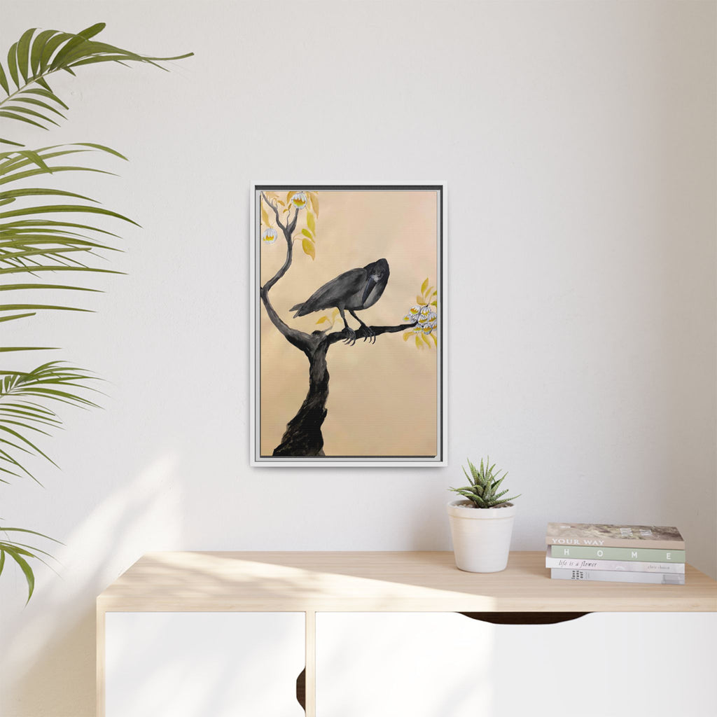 Raven on Branch Matte Framed Canvas – Moody Bird Wall Art