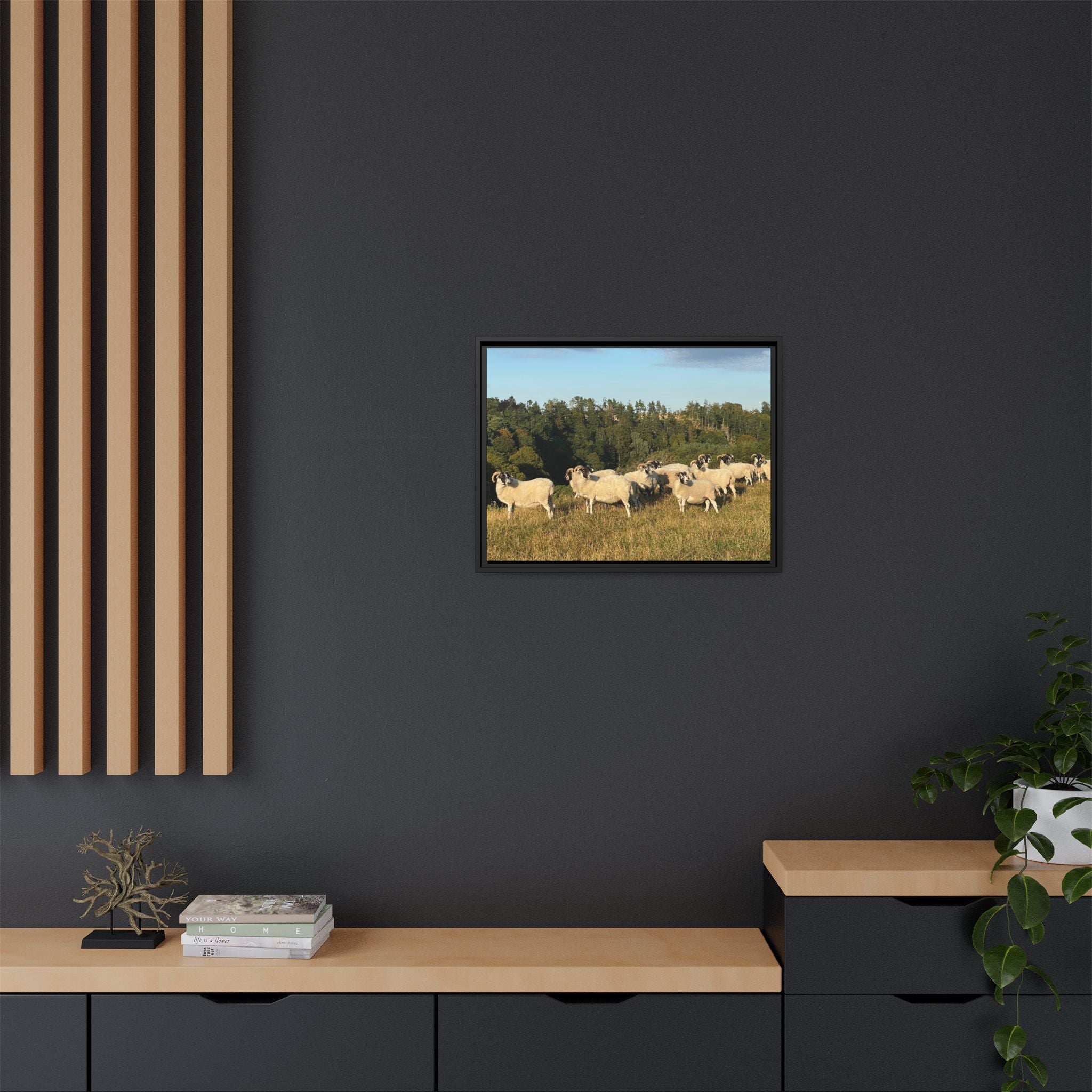 Framed Matte Canvas Print — Pastoral Sheep Landscape Wall Art