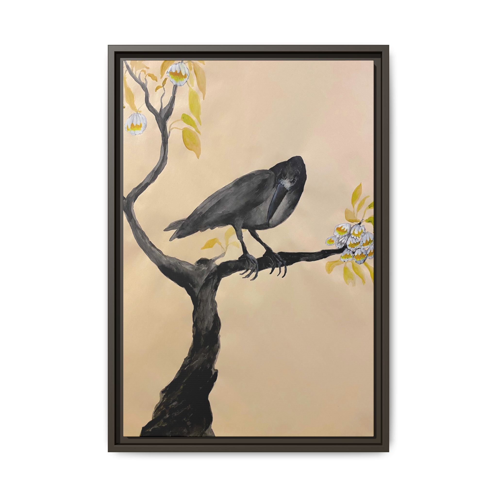 Raven on Branch Matte Framed Canvas – Moody Bird Wall Art