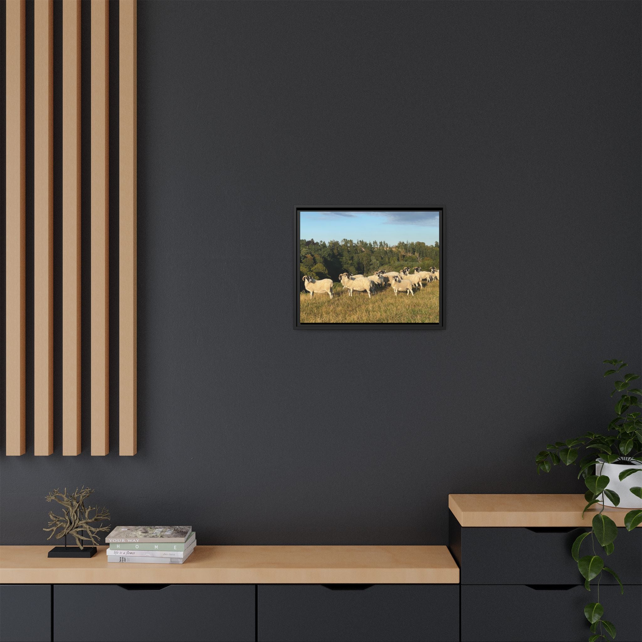 Framed Matte Canvas Print — Pastoral Sheep Landscape Wall Art