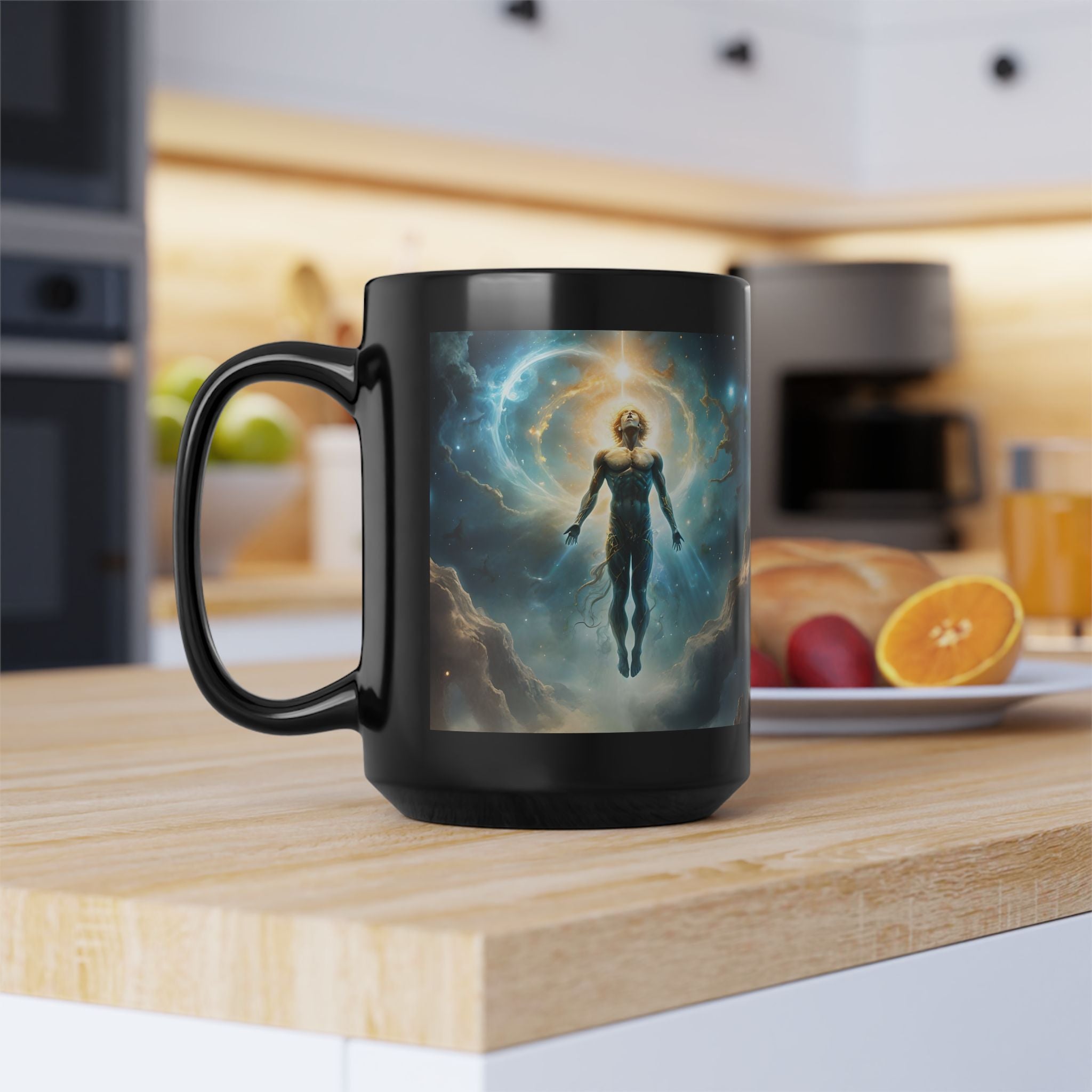 Galactic Ascendant 15oz Black Coffee Mug — Connecting to Source - Cosmic Human Figure Nebula Art