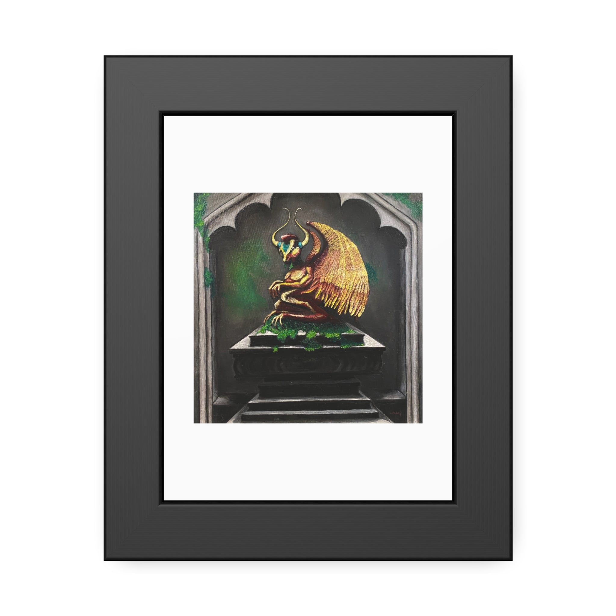Golden Gargoyle Framed Art Print — Gothic Fantasy Paper Poster