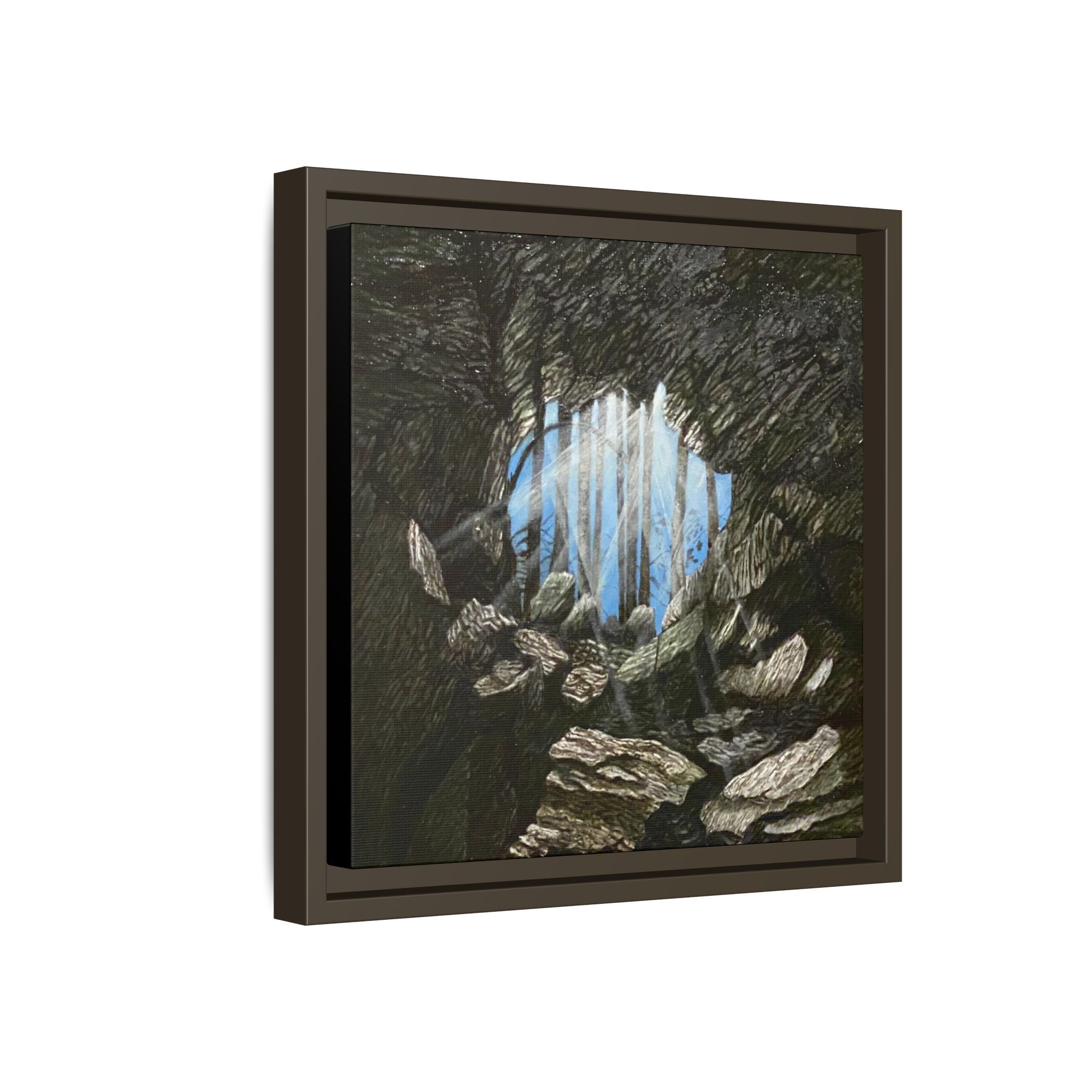 Framed Matte Canvas Art — Cave Opening with Blue Sky Landscape