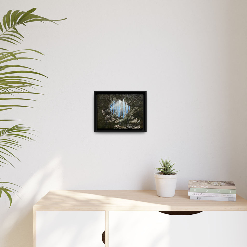 Framed Matte Canvas Art — Cave Opening with Blue Sky Landscape