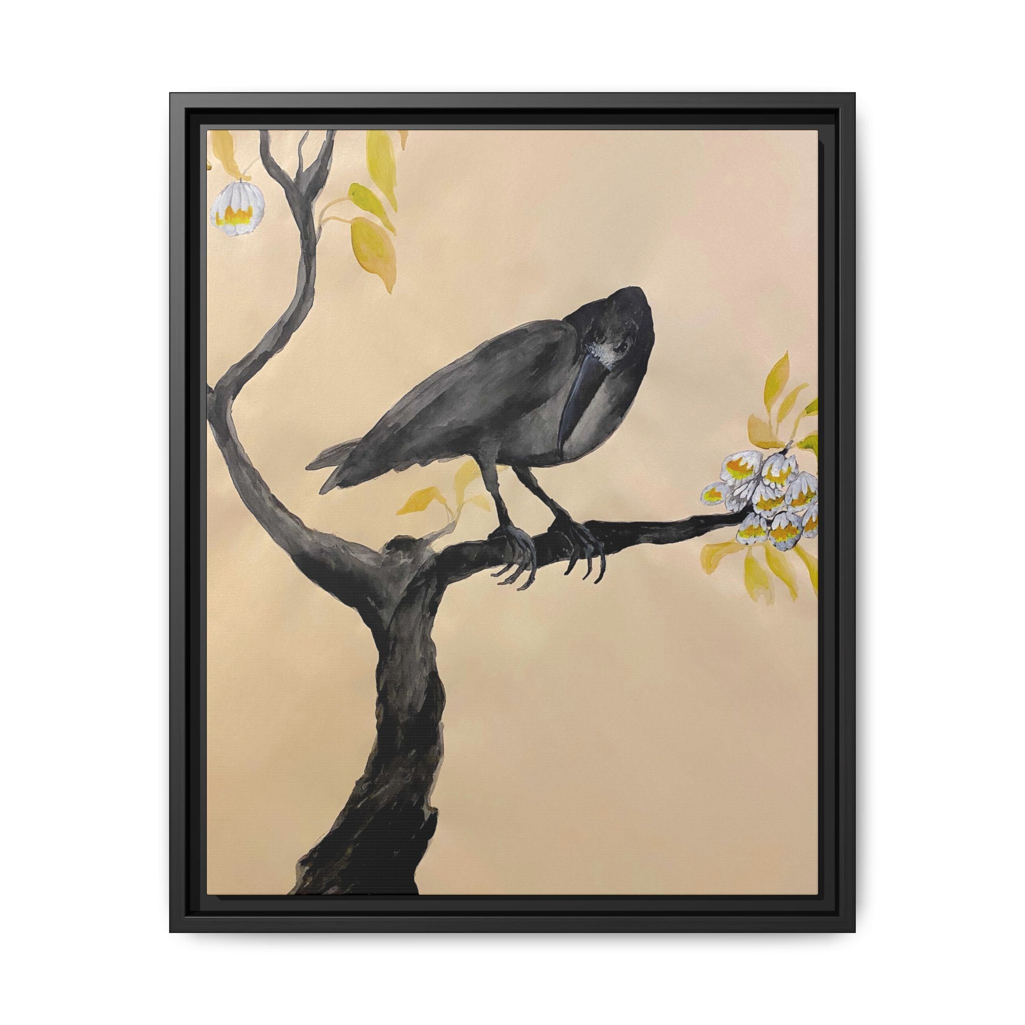 Raven on Branch Matte Framed Canvas – Moody Bird Wall Art