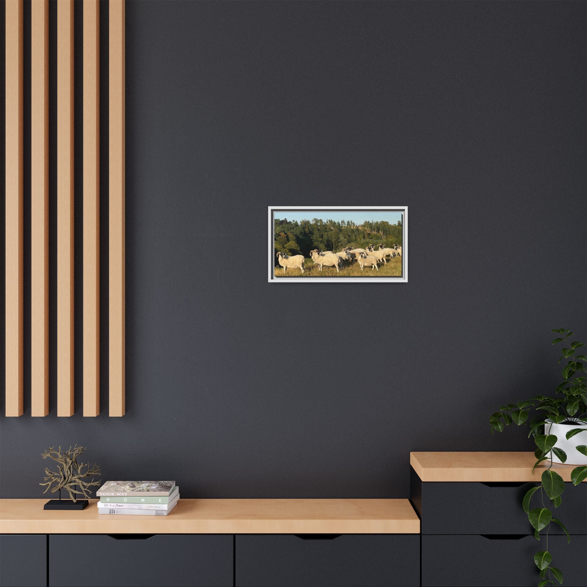 Framed Matte Canvas Print — Pastoral Sheep Landscape Wall Art