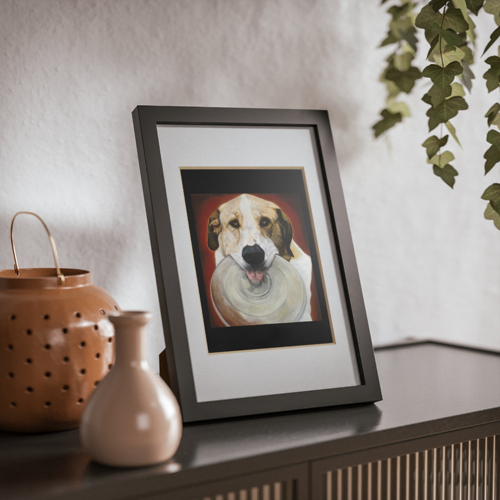Framed Dog Poster — Black Frame Wall Art Featuring Playful Pup with Frisbee
