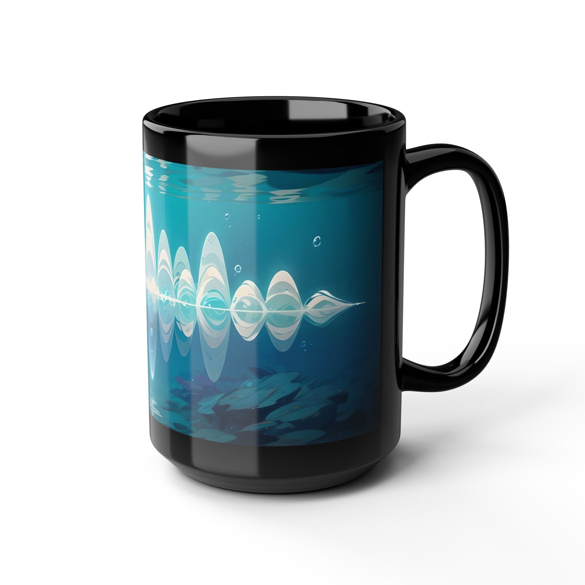 Cerulean Soundwave Black Mug — 15oz Artistic Ocean Vibes