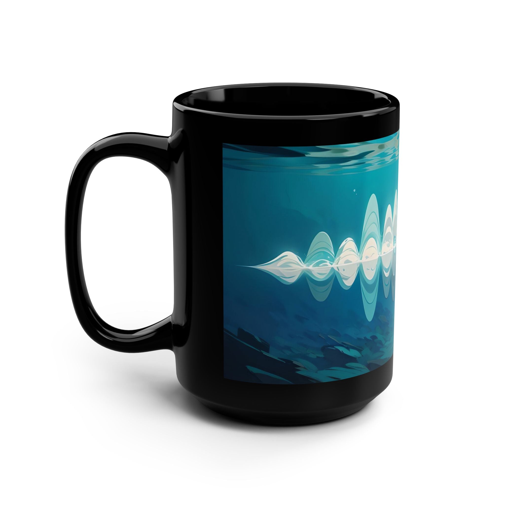 Cerulean Soundwave Black Mug — 15oz Artistic Ocean Vibes
