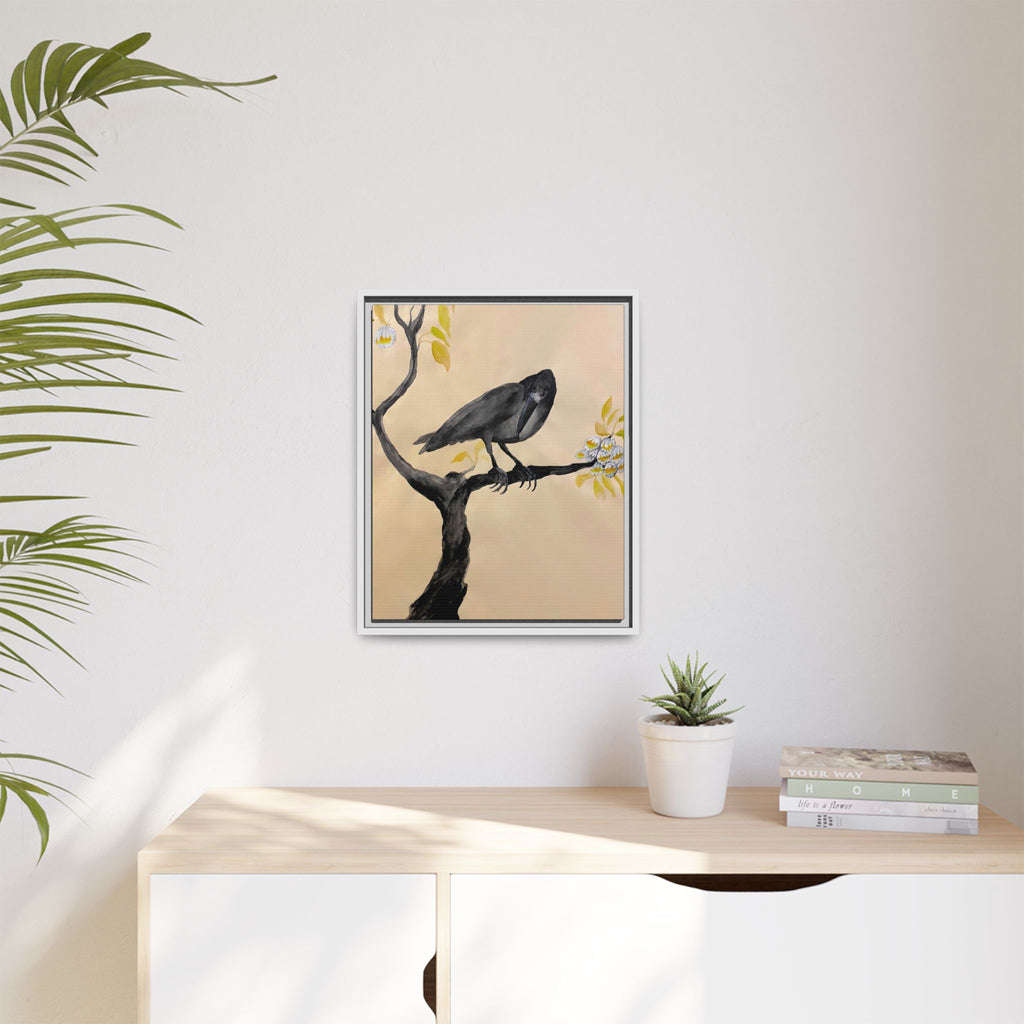 Raven on Branch Matte Framed Canvas – Moody Bird Wall Art