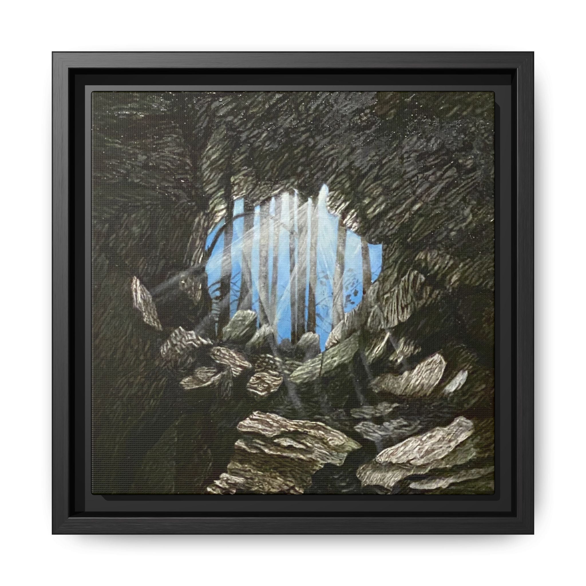 Framed Matte Canvas Art — Cave Opening with Blue Sky Landscape