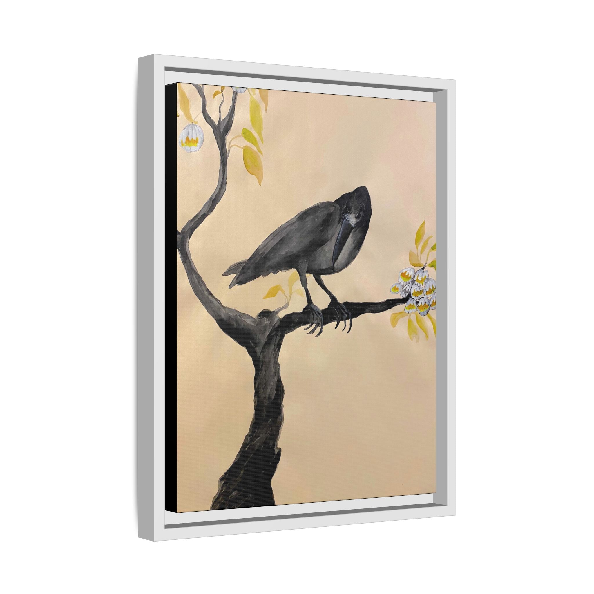 Raven on Branch Matte Framed Canvas – Moody Bird Wall Art