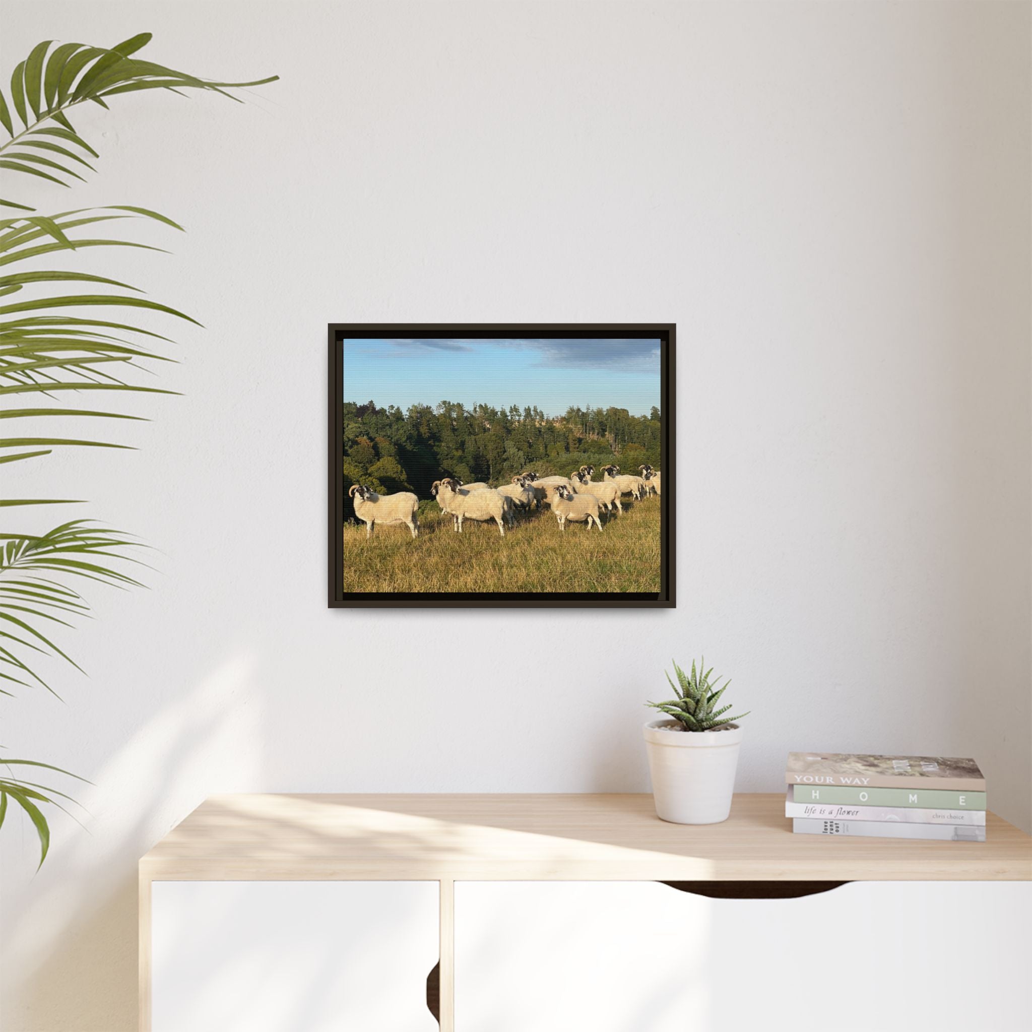 Framed Matte Canvas Print — Pastoral Sheep Landscape Wall Art