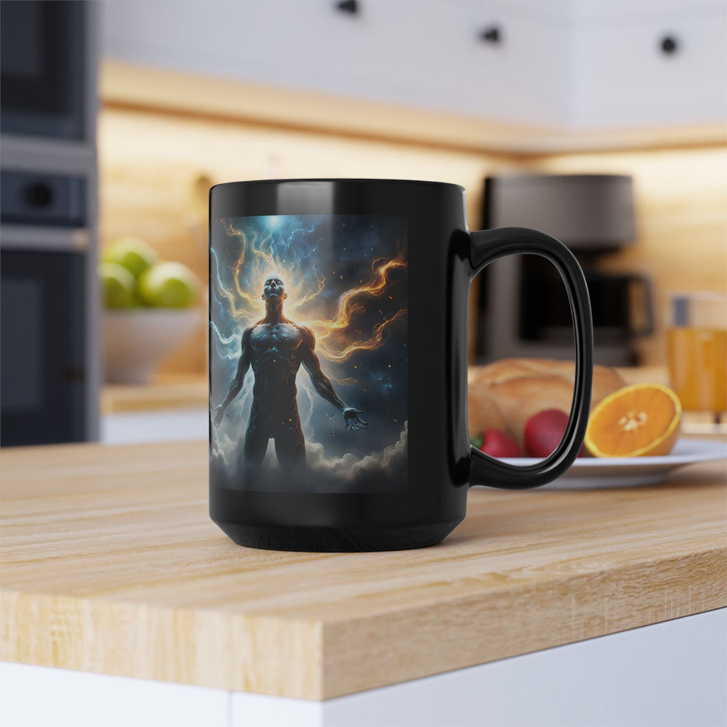 Galactic Ascendant 15oz Black Coffee Mug — Connecting to Source - Cosmic Human Figure Nebula Art