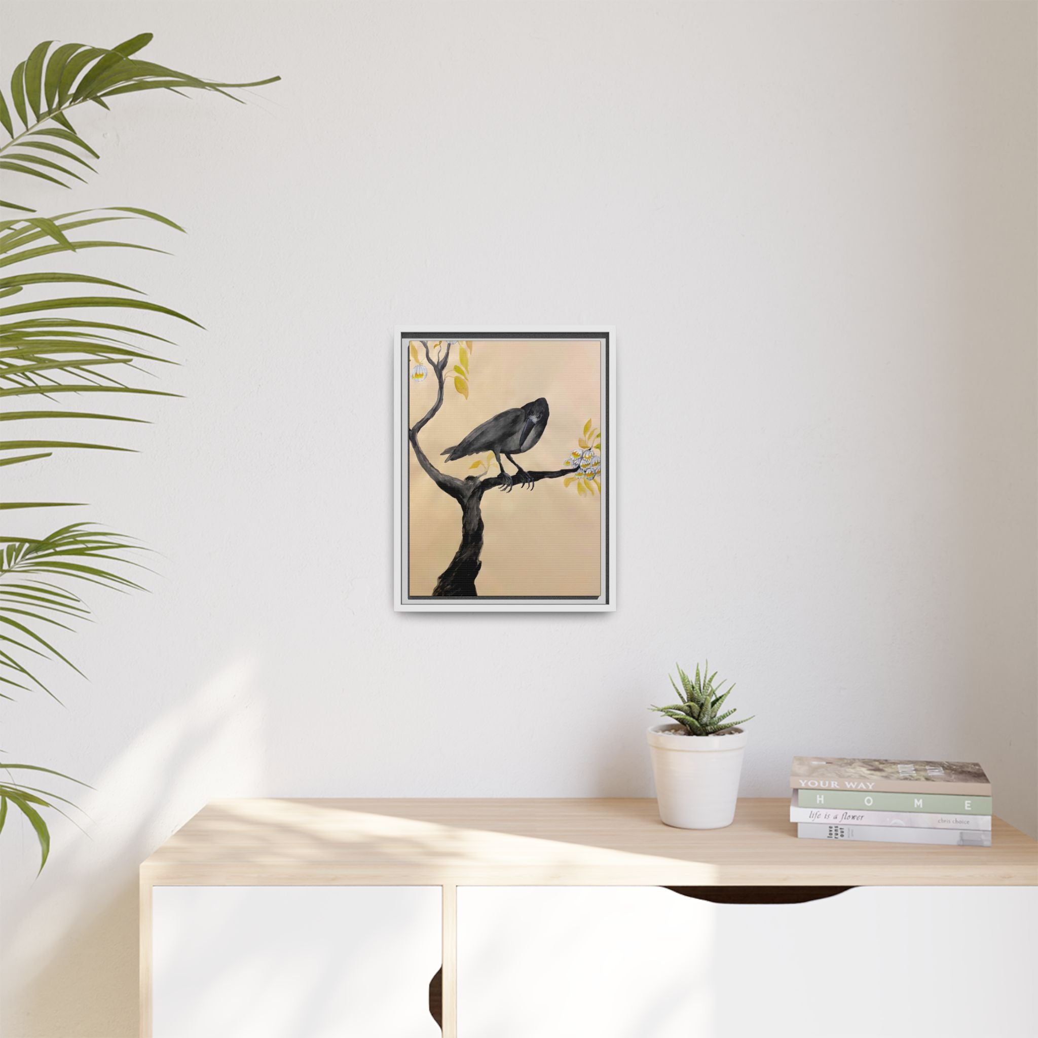 Raven on Branch Matte Framed Canvas – Moody Bird Wall Art