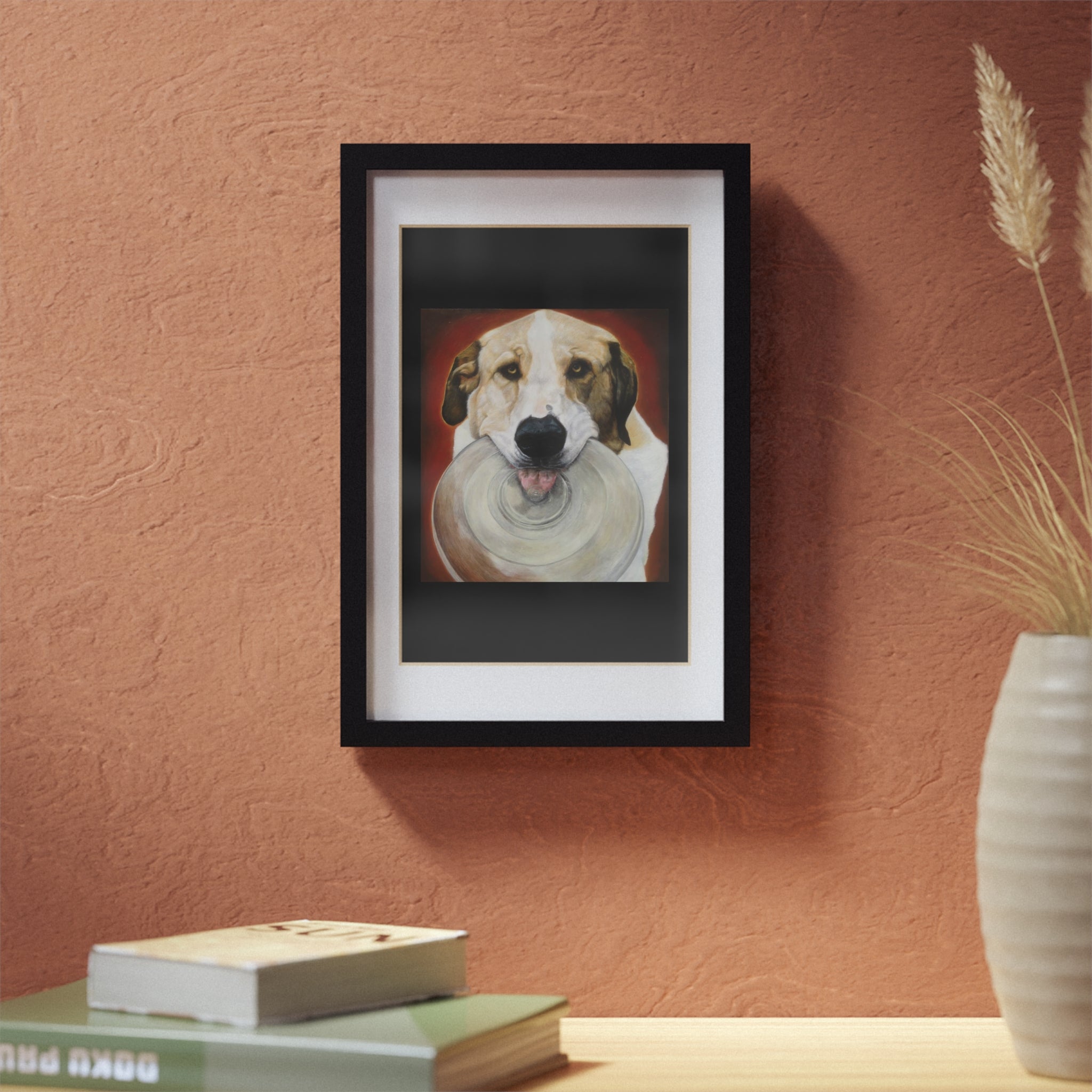 Framed Dog Poster — Black Frame Wall Art Featuring Playful Pup with Frisbee