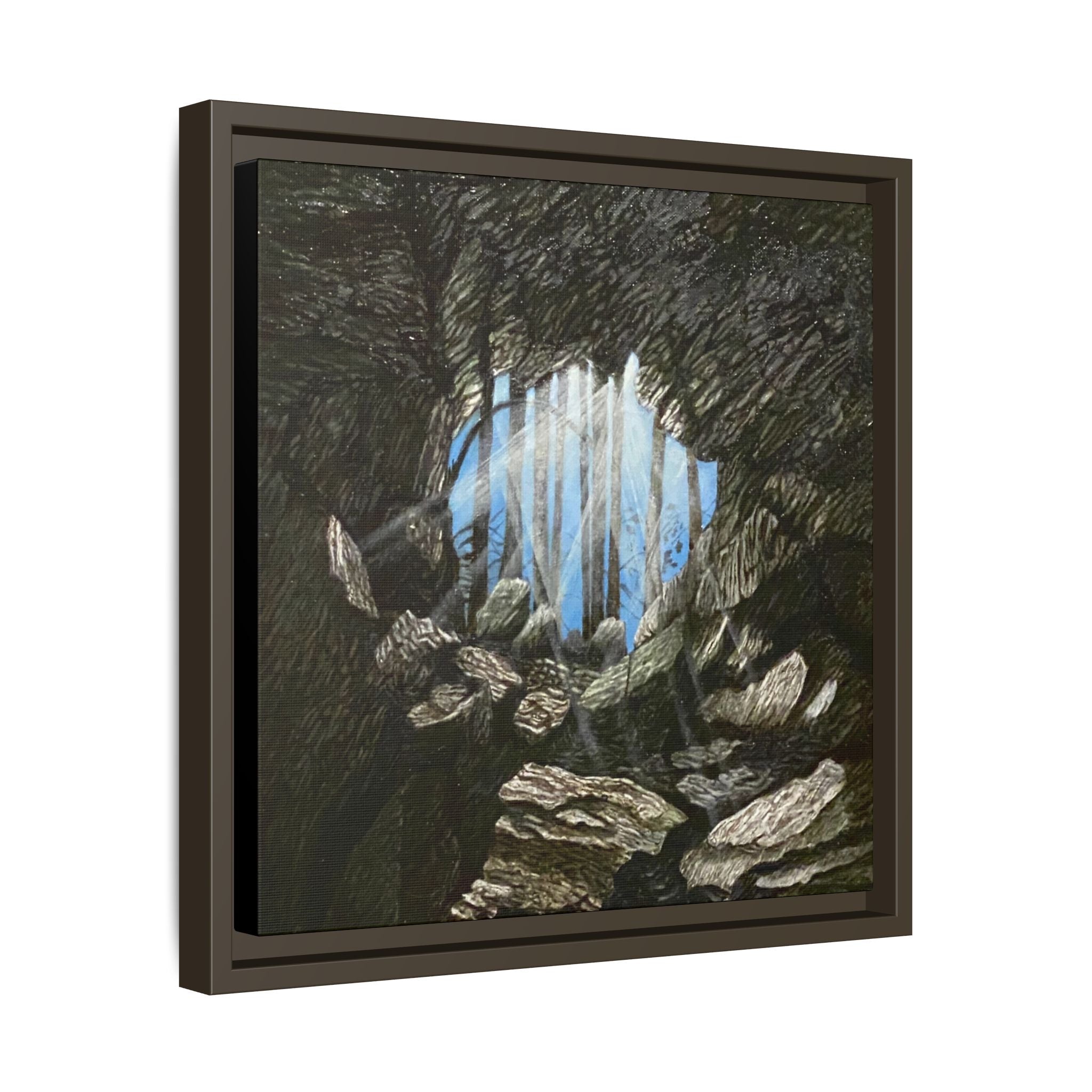 Framed Matte Canvas Art — Cave Opening with Blue Sky Landscape